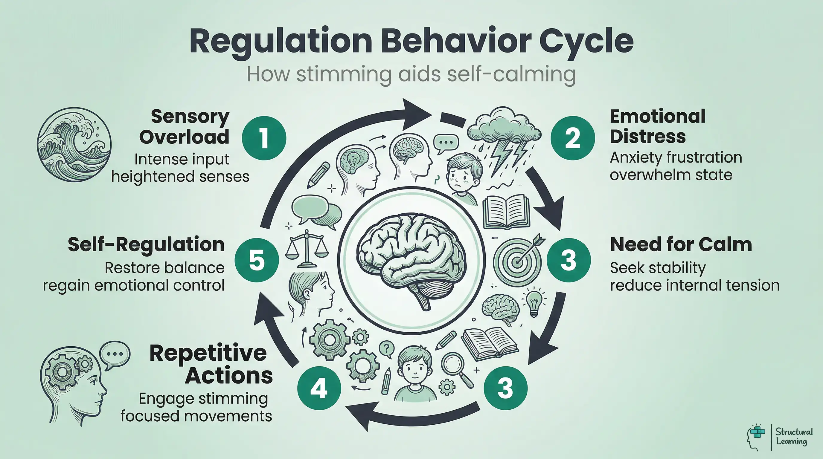 Infographic showing a 5-step cycle of how repetitive behaviors lead to self-regulation for autistic individuals: Sensory Overload, Emotional Distress, Need for Calm, Repetitive Actions, leading to Self-Regulation.