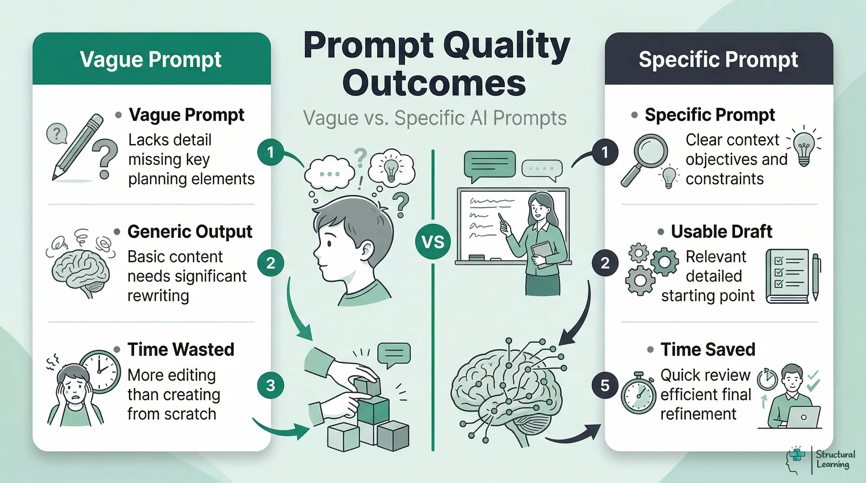 Infographic comparing the outcomes of vague versus specific AI prompts for lesson planning, showing that specific prompts lead to usable drafts and time saved, while vague prompts result in generic outputs and wasted time.