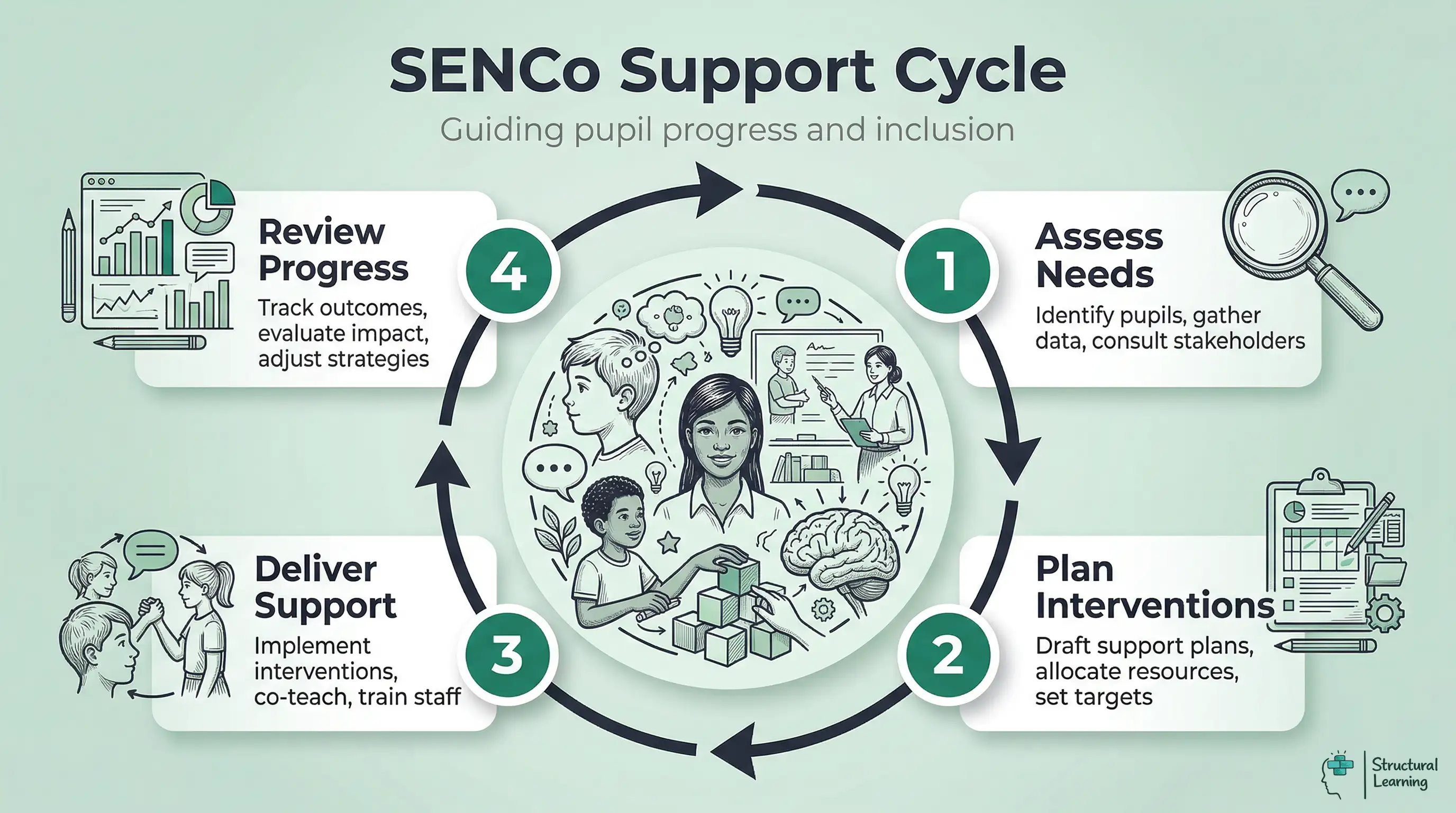 Infographic illustrating the SENCo's continuous support cycle. Steps include assessing needs, planning interventions, delivering support, and reviewing progress, all centred around <a href=