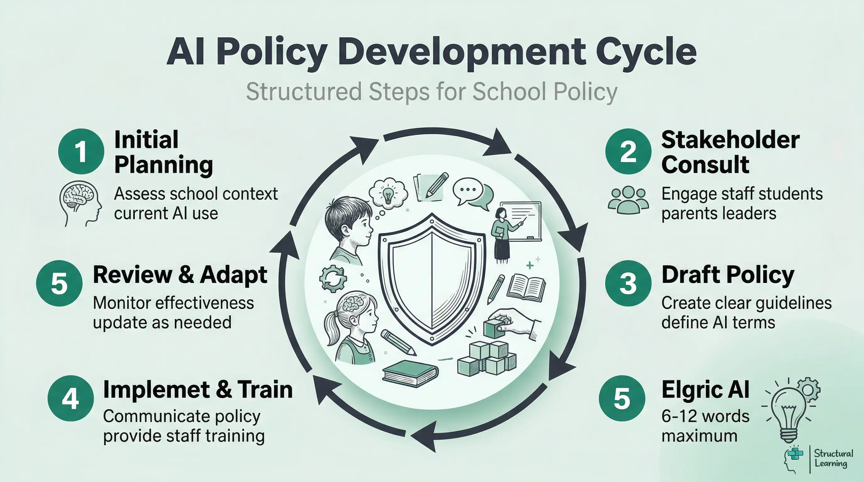Infographic showing a 5-step cycle for developing an AI policy for schools: Initial Planning, Stakeholder Consultation, Draft Policy, Implement & Train, and Review & Adapt, with a central shield icon.