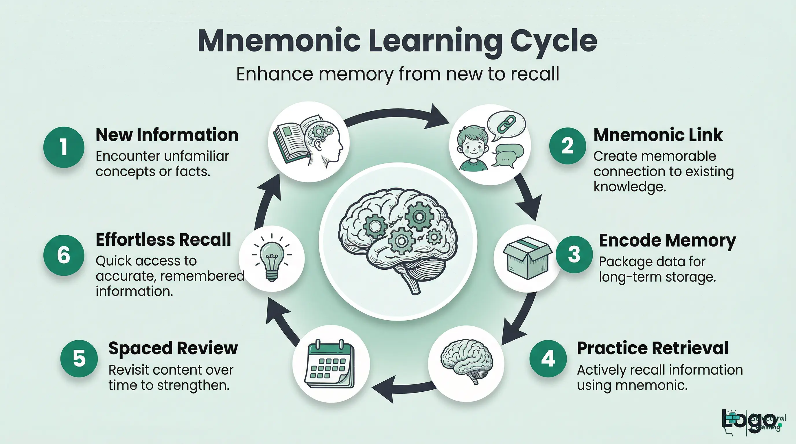 Infographic showing a 6-step cycle of how mnemonics enhance learning: New Information, Mnemonic Link, Encode Memory, Practice Retrieval, <a href=