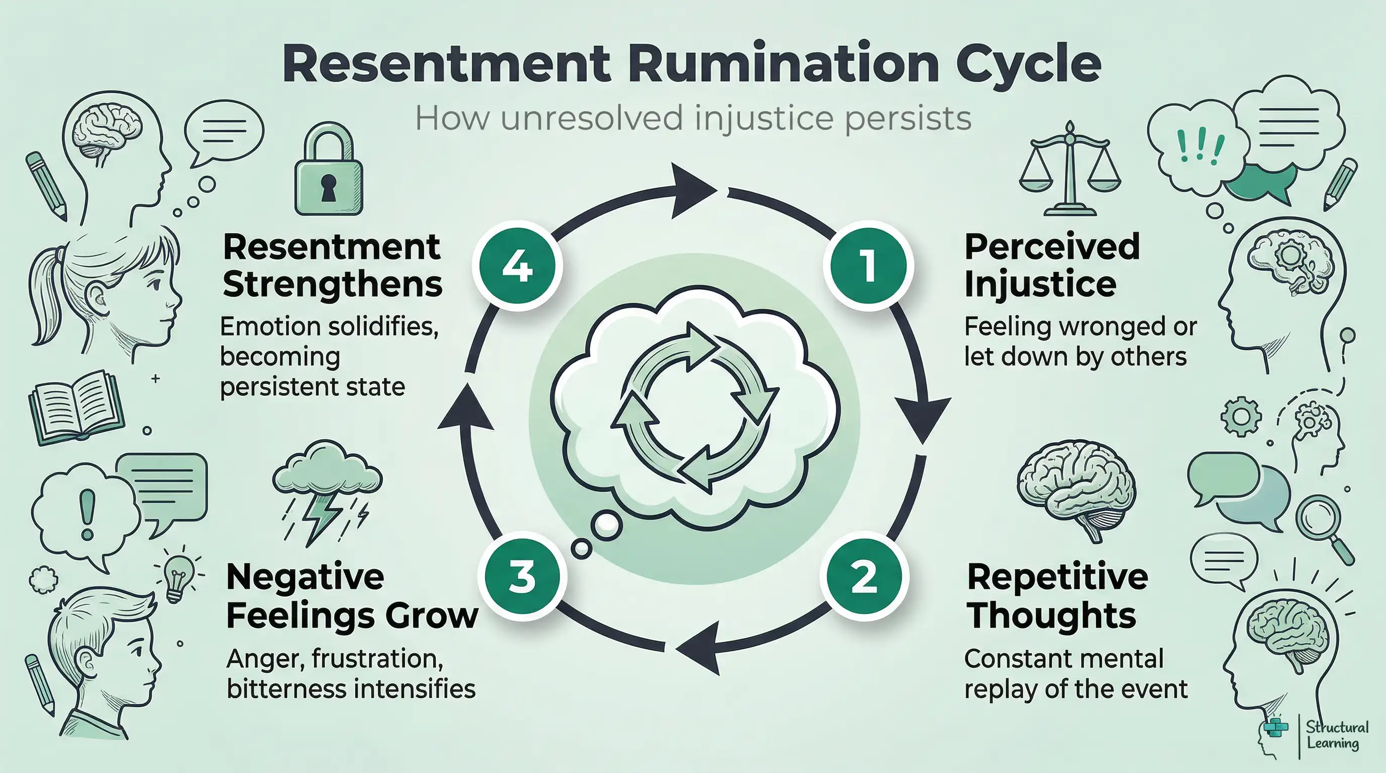 Infographic illustrating the four-step rumination cycle of resentment, a persistent emotional state for teachers.