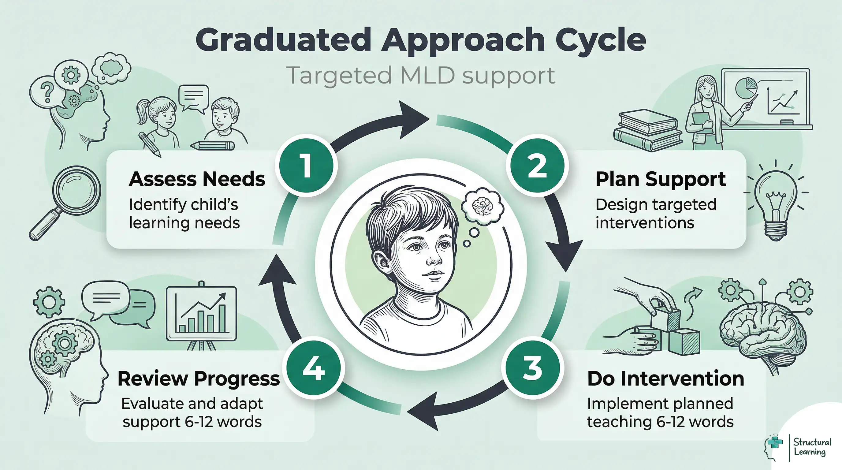 Infographic shows the Graduated Approach Cycle for MLD support: Assess, Plan, Do, Review, highlighting iterative improvement.