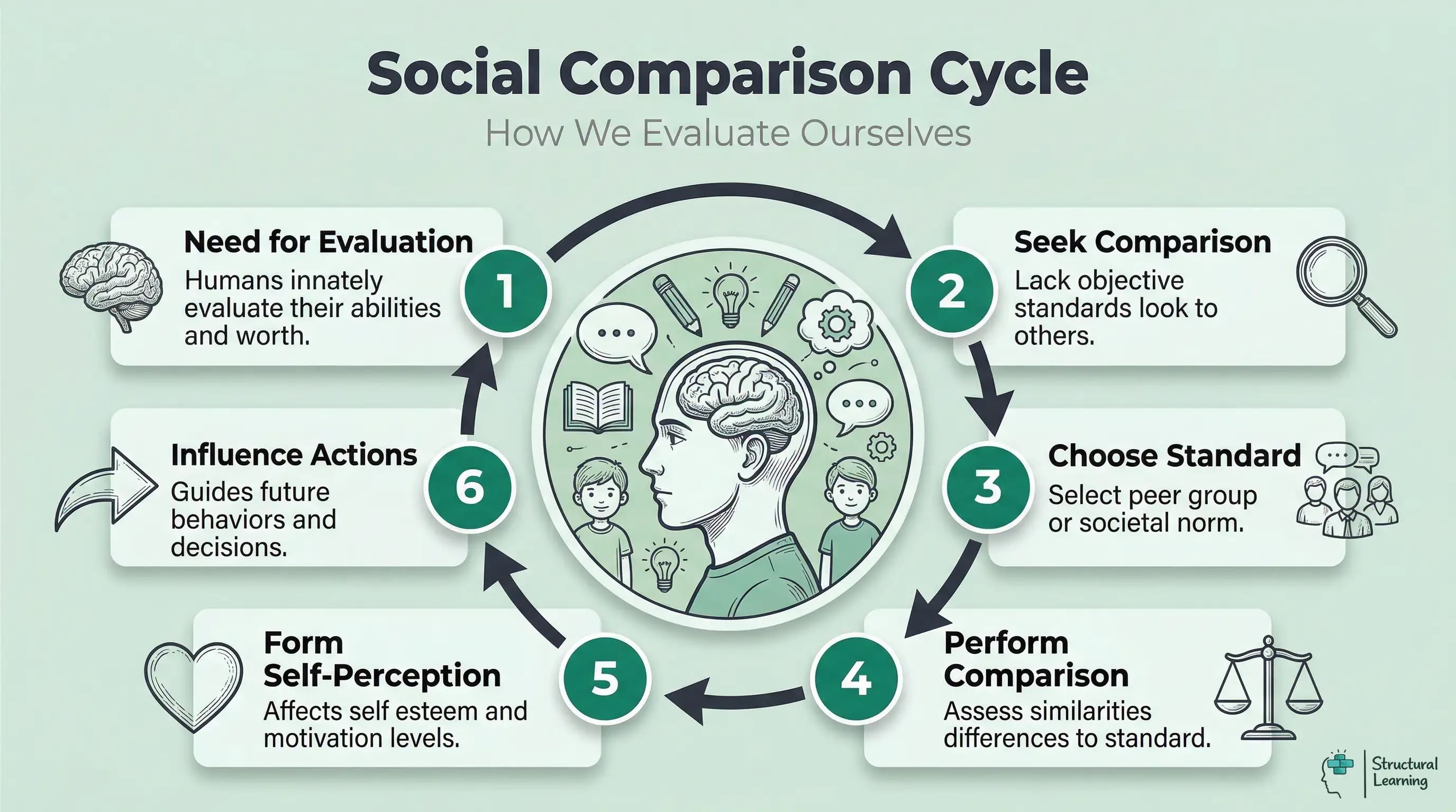 An infographic showing the 6-step cycle of social comparison: Need for evaluation, seek comparison, choose standard, perform comparison, form self-perception, influence actions. It visually represents Festinger's theory.