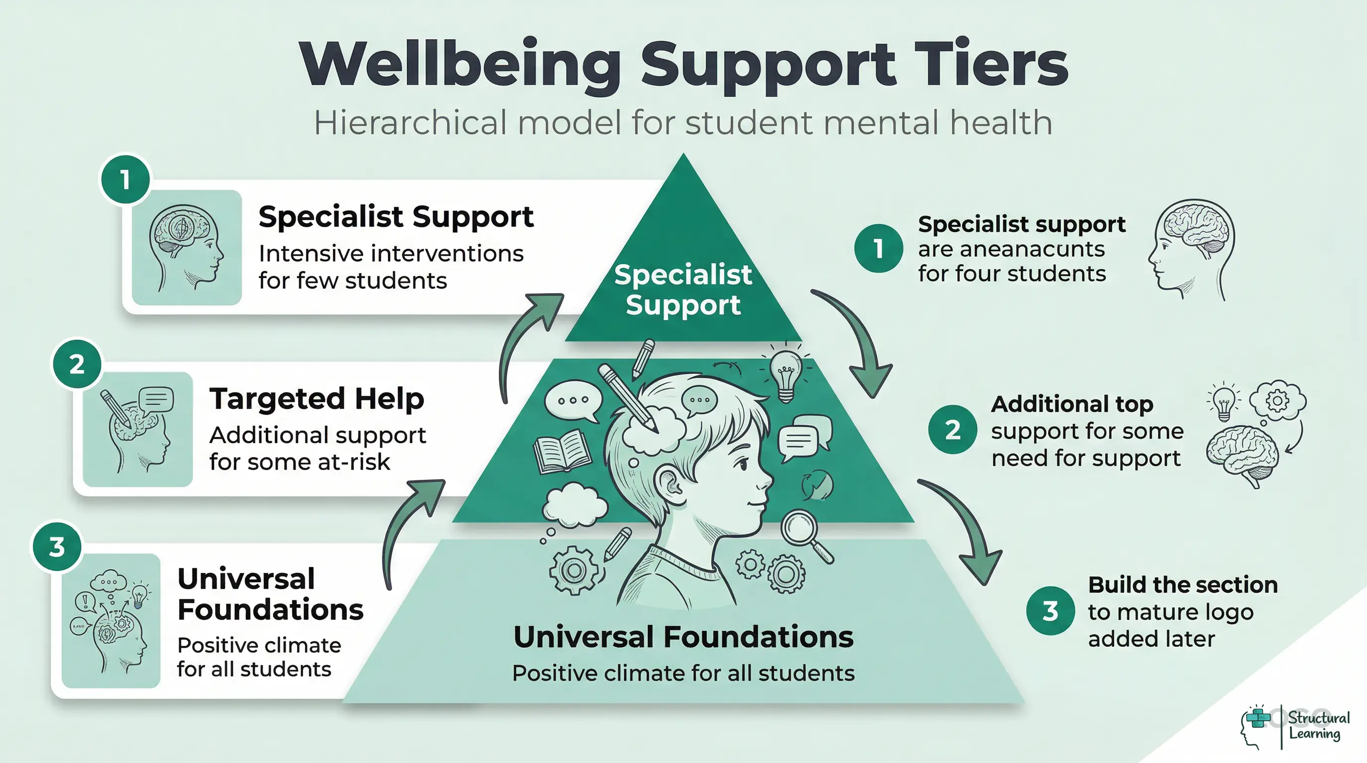 Pyramid infographic showing three levels of student wellbeing support: Specialist (top, few), Targeted (middle, some), and Universal (base, all).