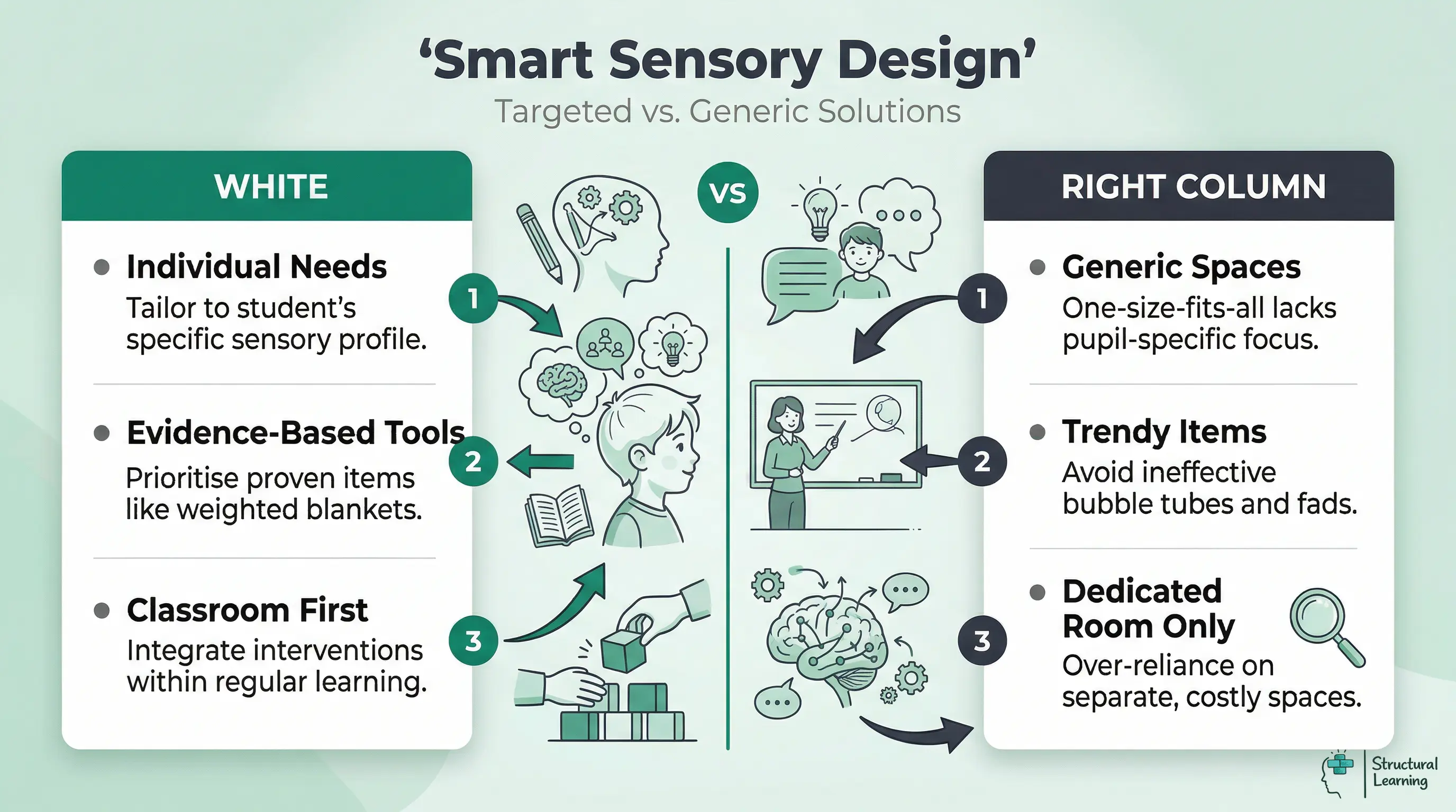 Infographic comparing smart, evidence-based strategies for sensory room design and use with common, less effective approaches in schools.