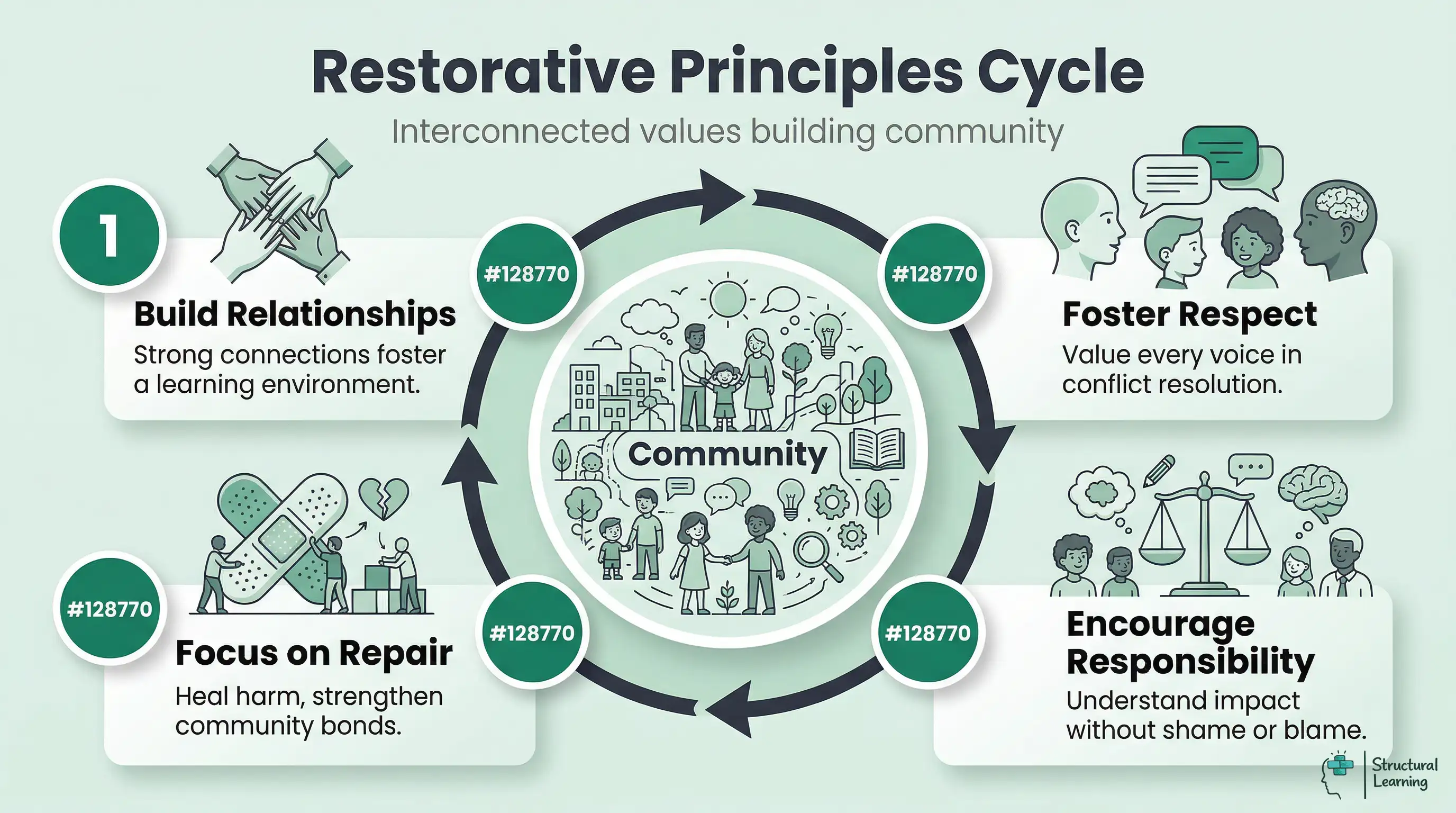 Infographic showing the Restorative Principles Cycle with four interconnected steps: Build Relationships, Foster Respect, Encourage Responsibility, and Focus on Repair, all centered around building a stronger community.