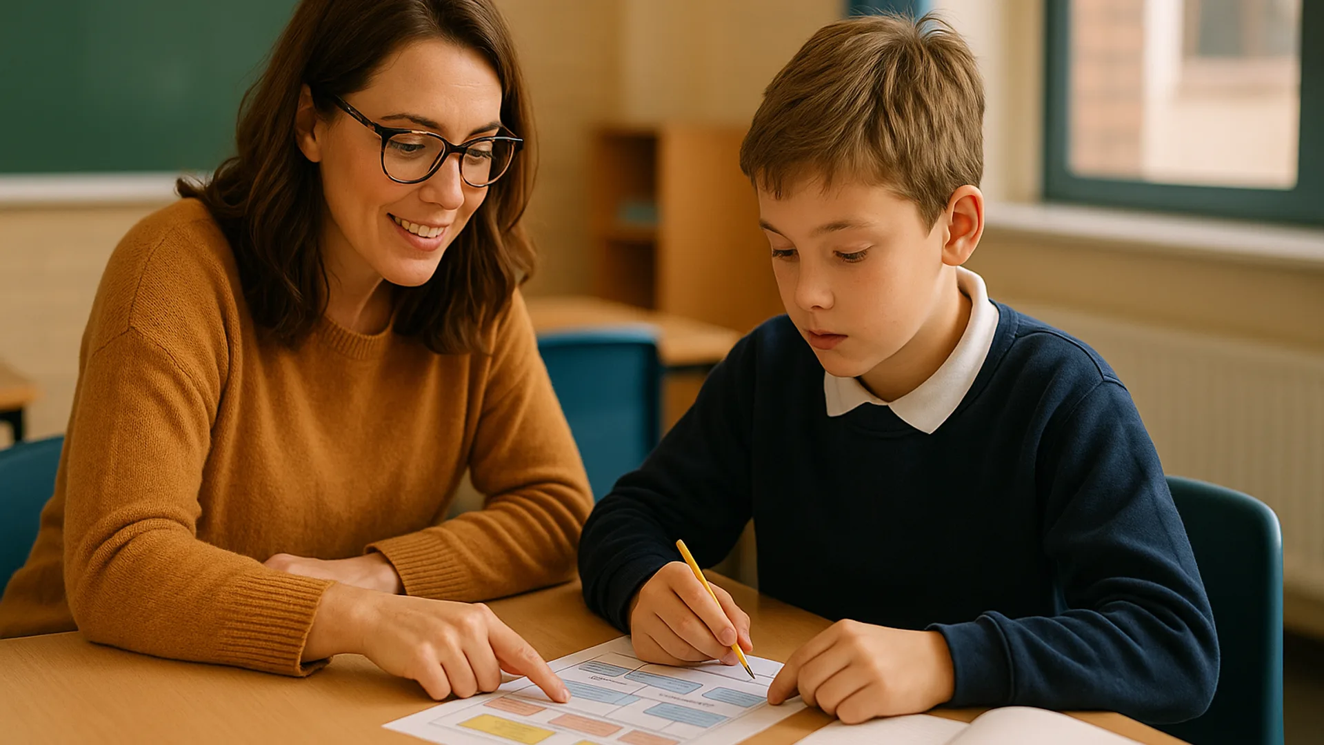 ADHD Strategies Through a Cognitive Science Lens: teacher supporting a focused student with structured learning tools