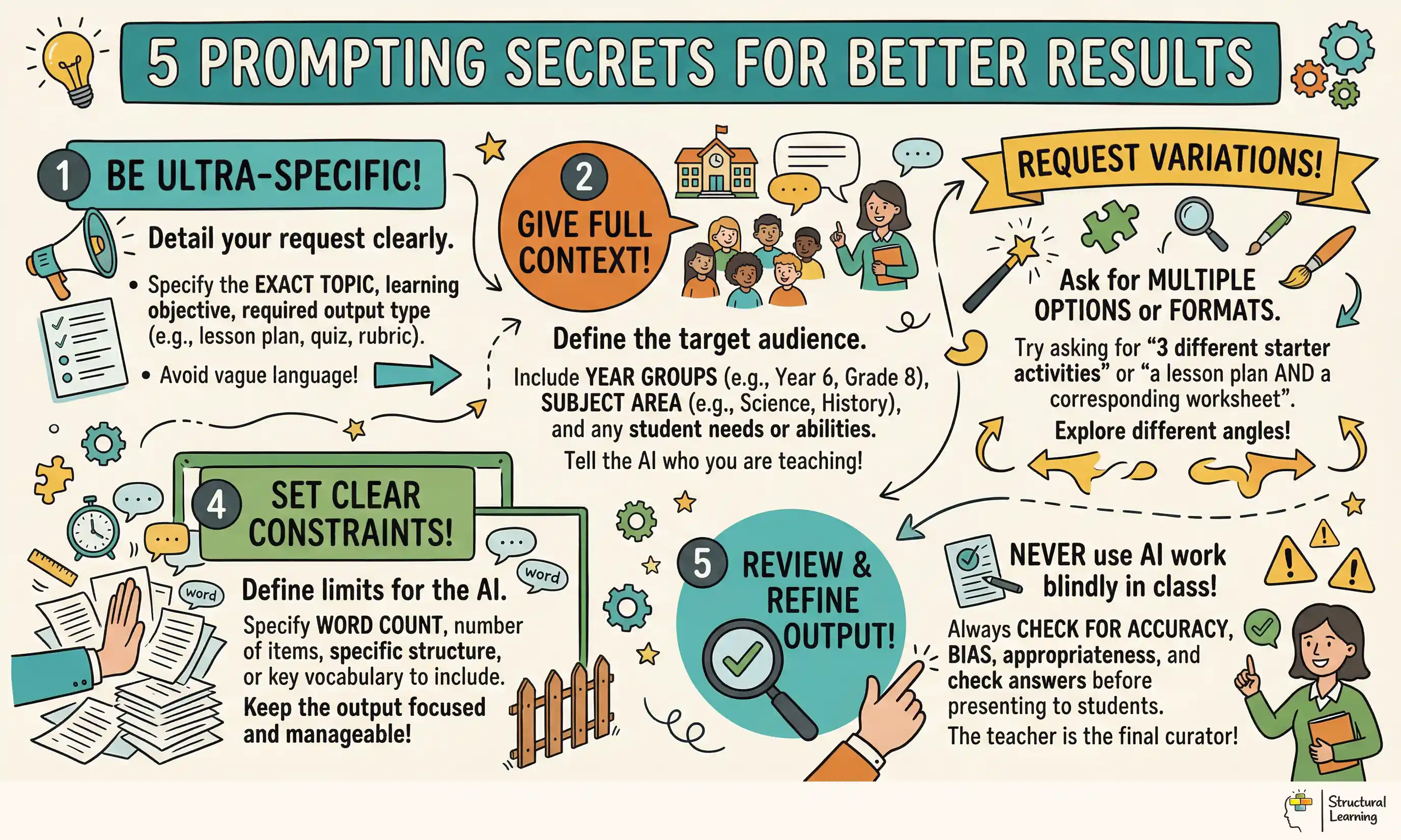 5 Prompting Secrets for Better Results infographic for teachers