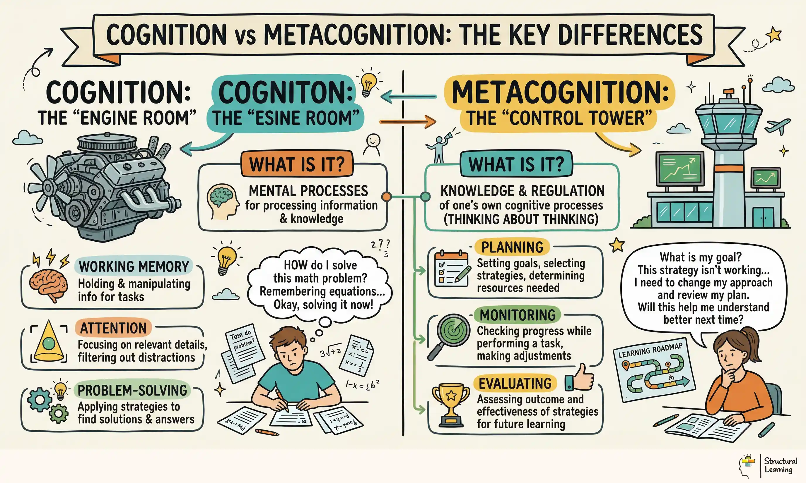 Cognition vs Metacognition: The Key Differences infographic for teachers