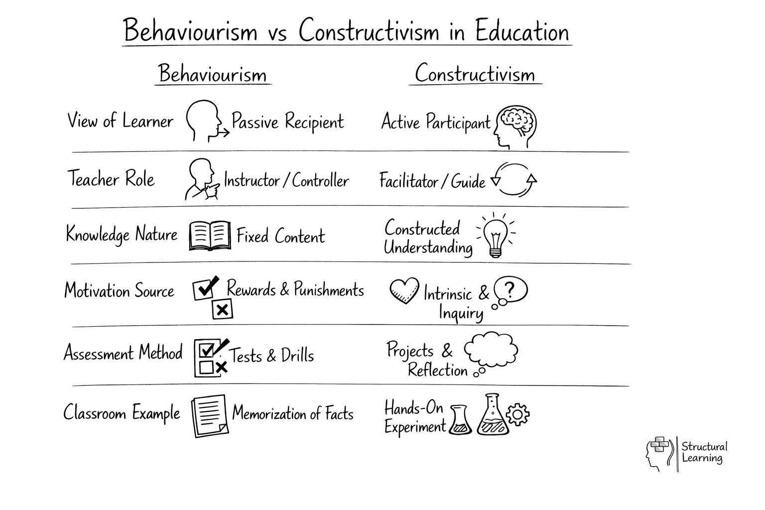 Behaviourism vs constructivism comparison diagram showing key differences in teaching approaches