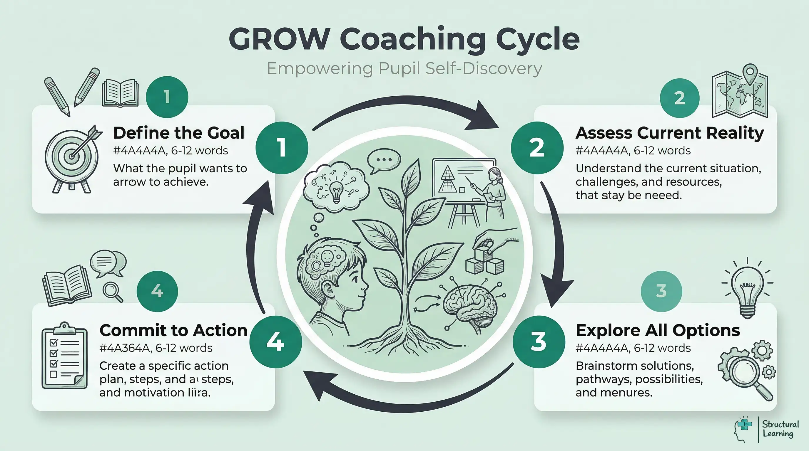 Infographic depicting the 4-stage GROW Coaching Cycle: Goal, Reality, Options, Way Forward. Supports learner development and self-discovery.