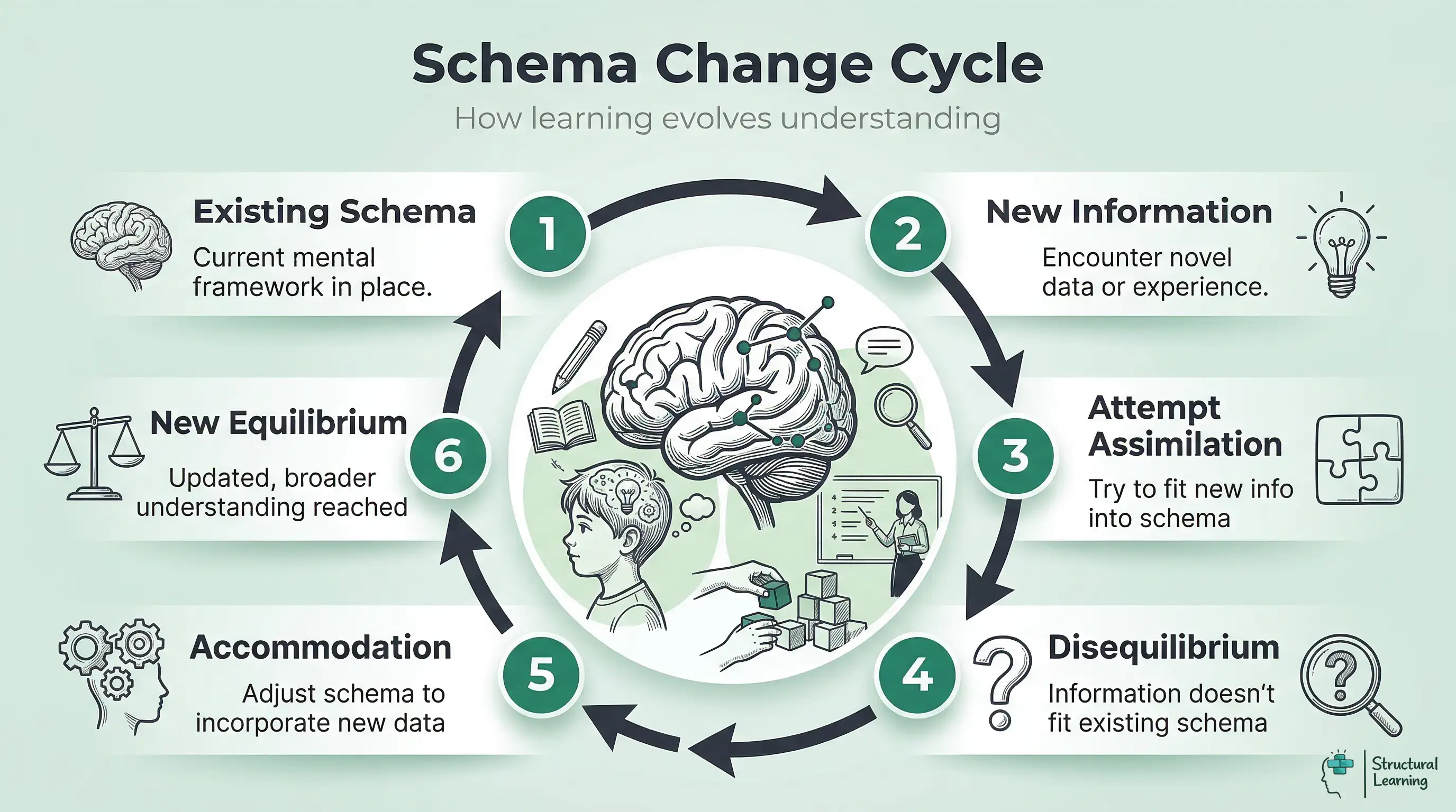 Infographic showing the Schema Change Cycle: Existing Schema, New Information, Attempt Assimilation, Disequilibrium, Accommodation, and New Equilibrium, illustrating how mental frameworks evolve through learning.
