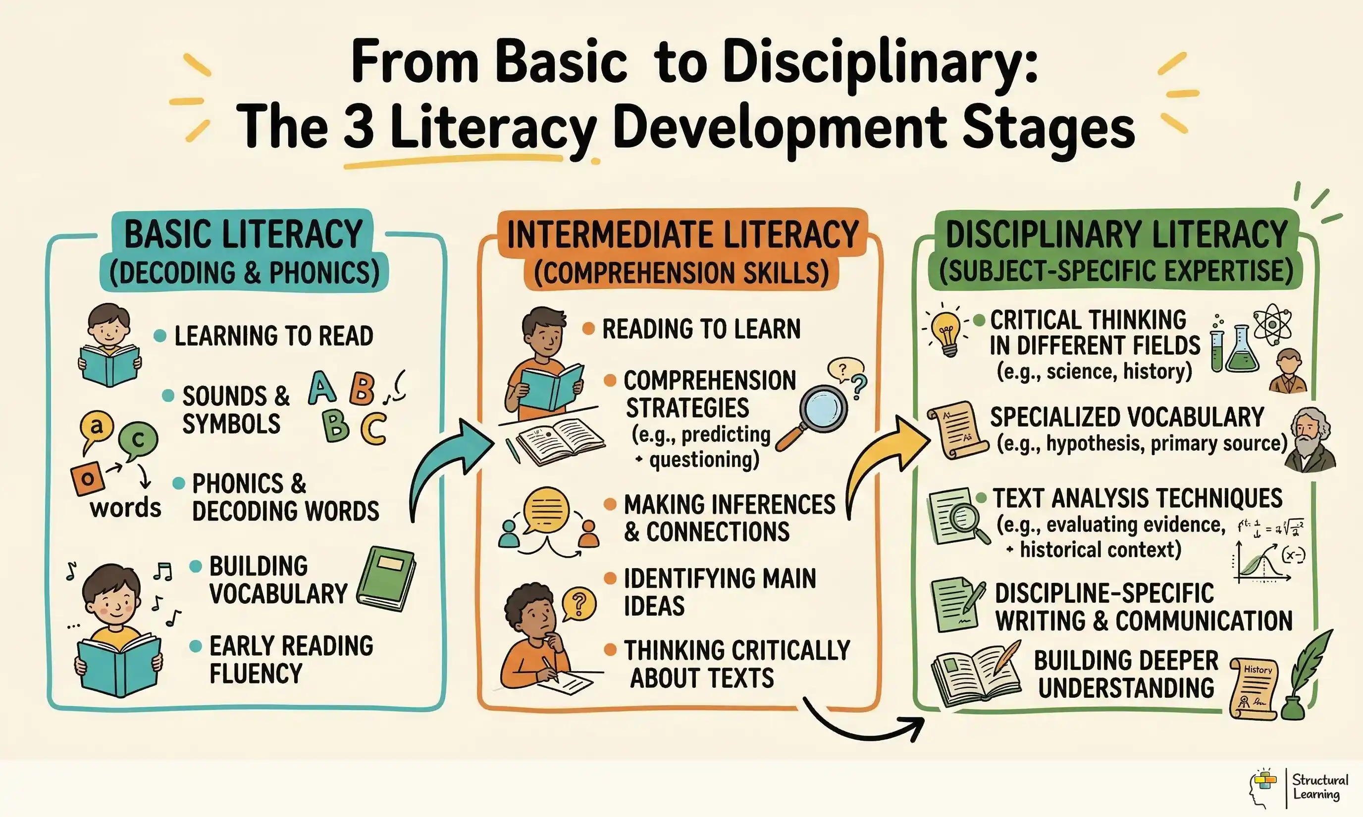 From Basic to Disciplinary: The 3 Literacy Development Stages infographic for teachers