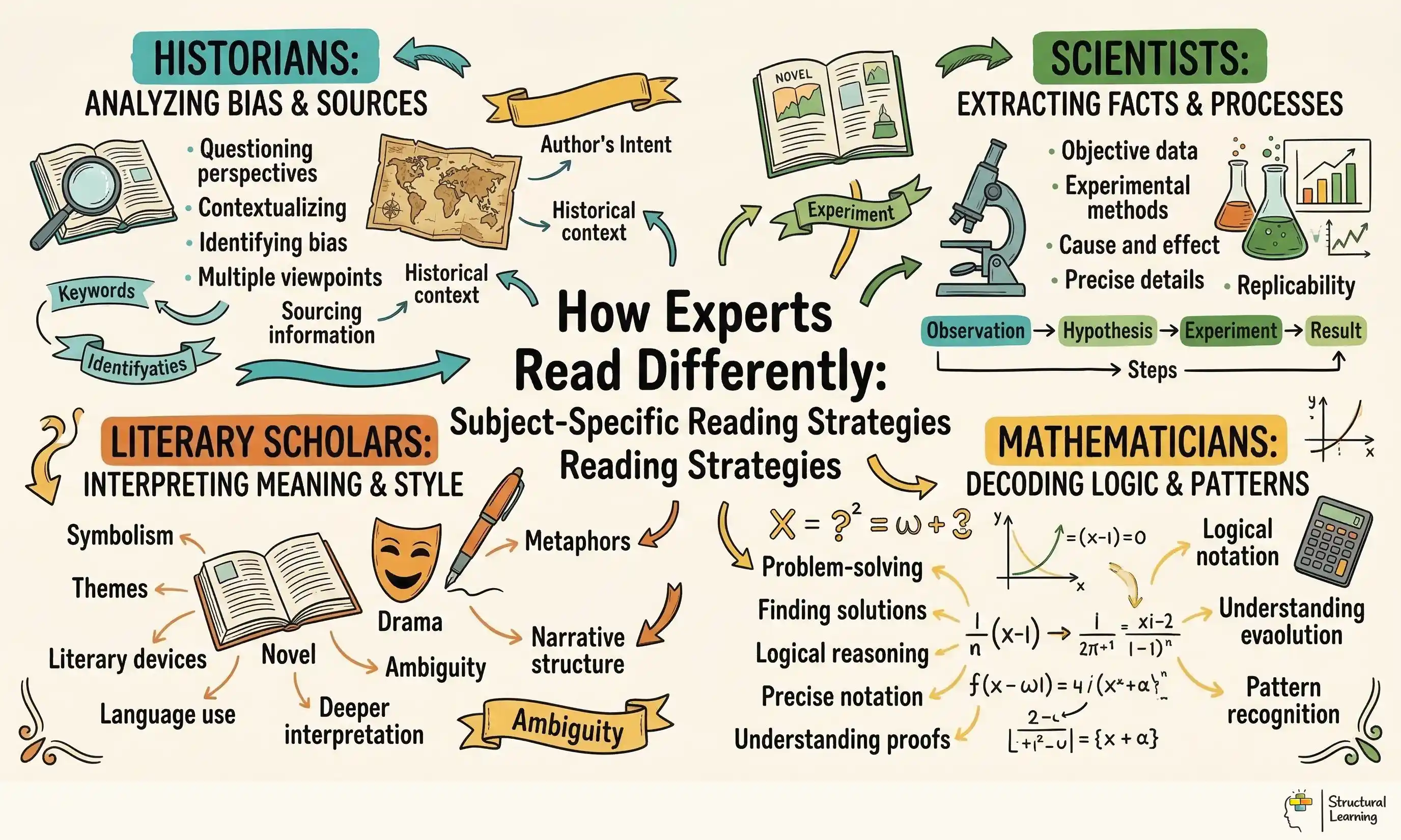 How Experts Read Differently: Subject-Specific Reading Strategies infographic for teachers