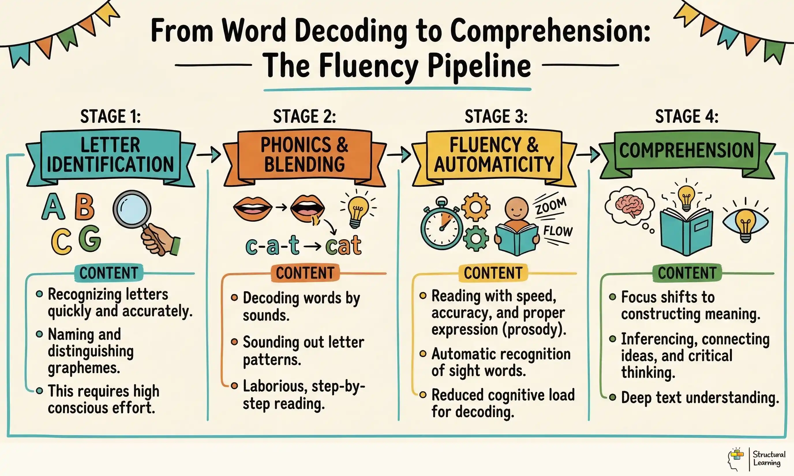 From Word Decoding to Comprehension: The Fluency Pipeline infographic for teachers