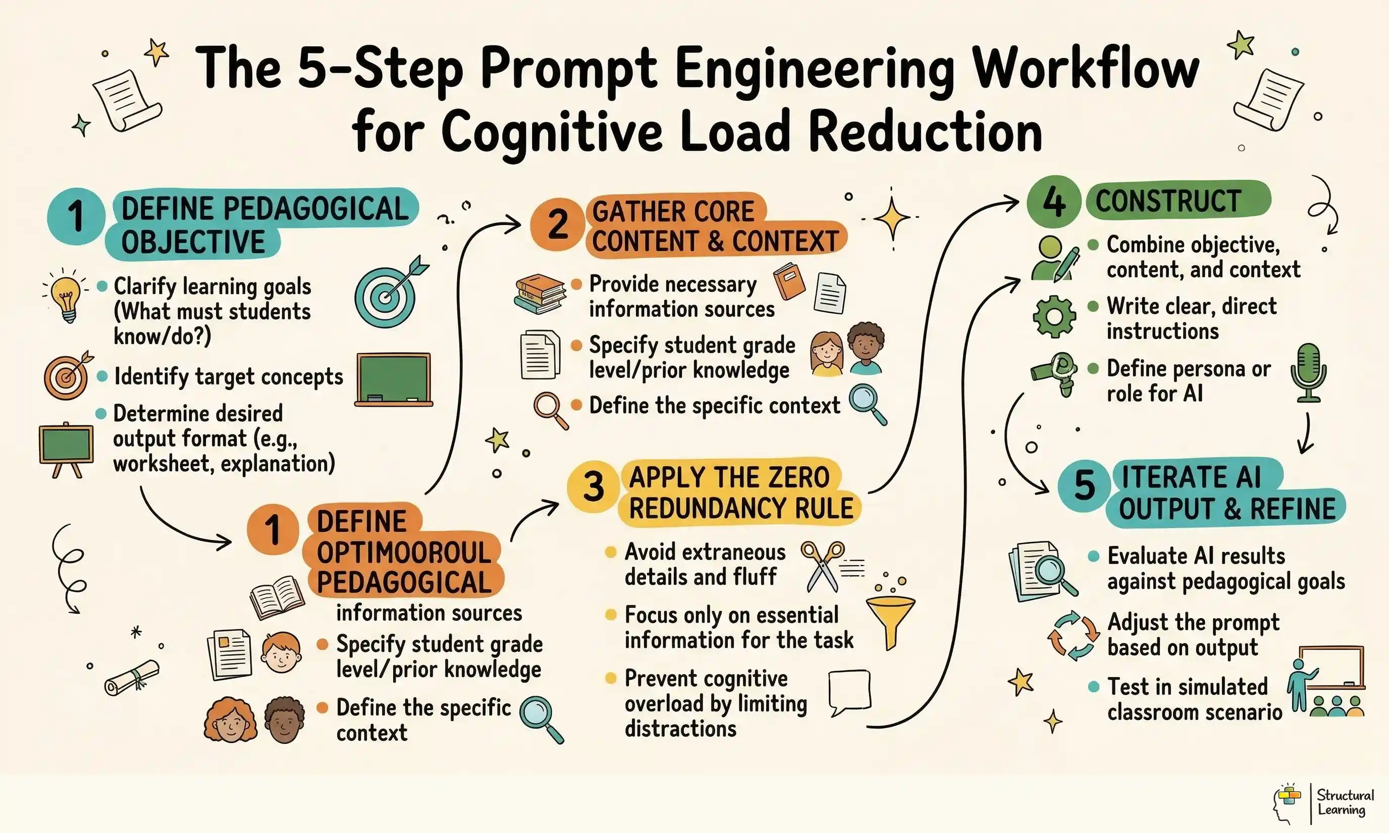 The 5-Step Prompt Engineering Workflow for Cognitive Load Reduction infographic for teachers