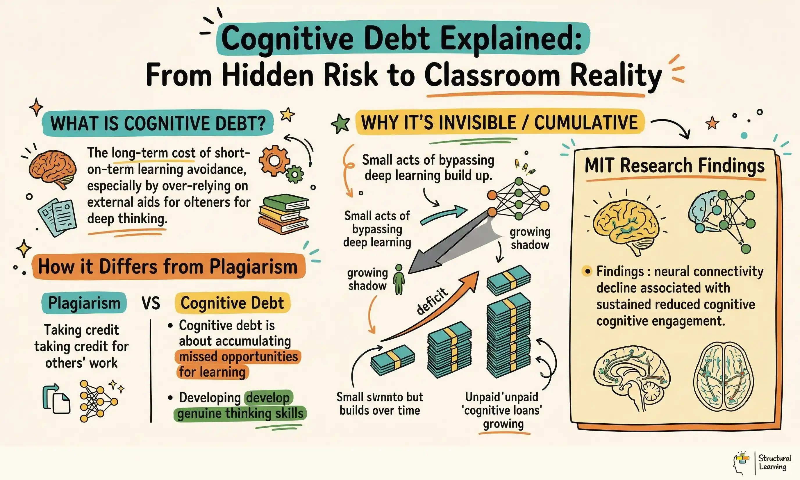 Cognitive Debt Explained: From Hidden Risk to Classroom Reality infographic for teachers