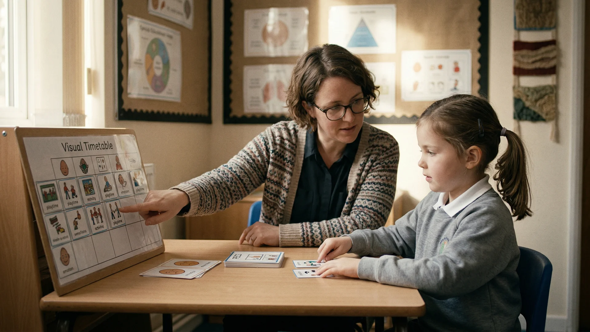 SENCO supporting a student with special educational needs using visual communication aids