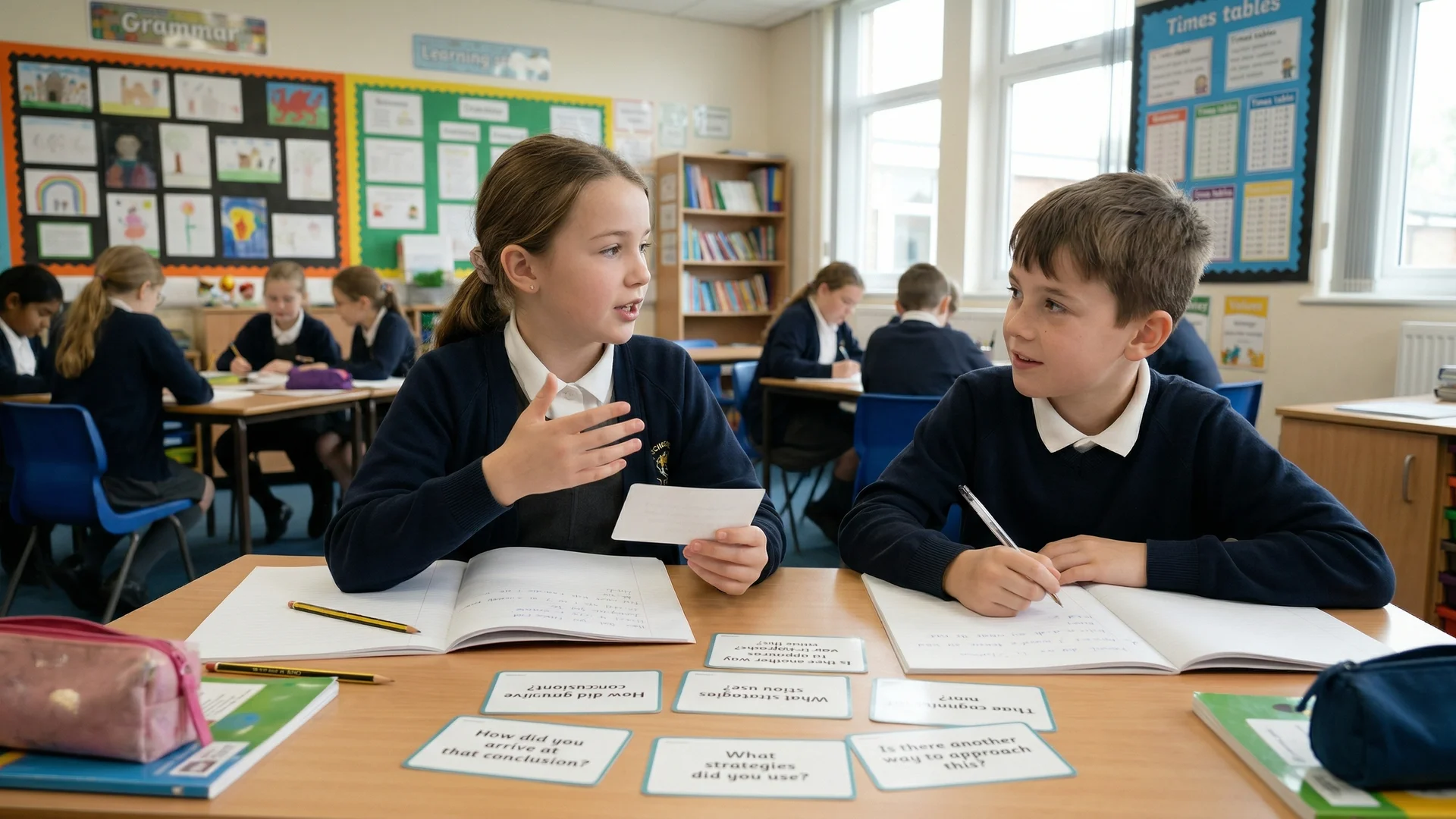 Two learners discussing their thinking strategies using metacognitive talk cards in a classroom