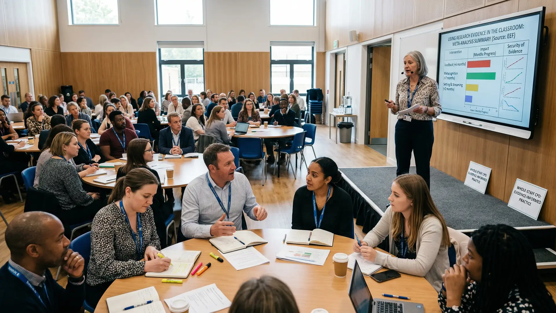 Teachers engaged in evidence-based professional development discussing big ideas in education