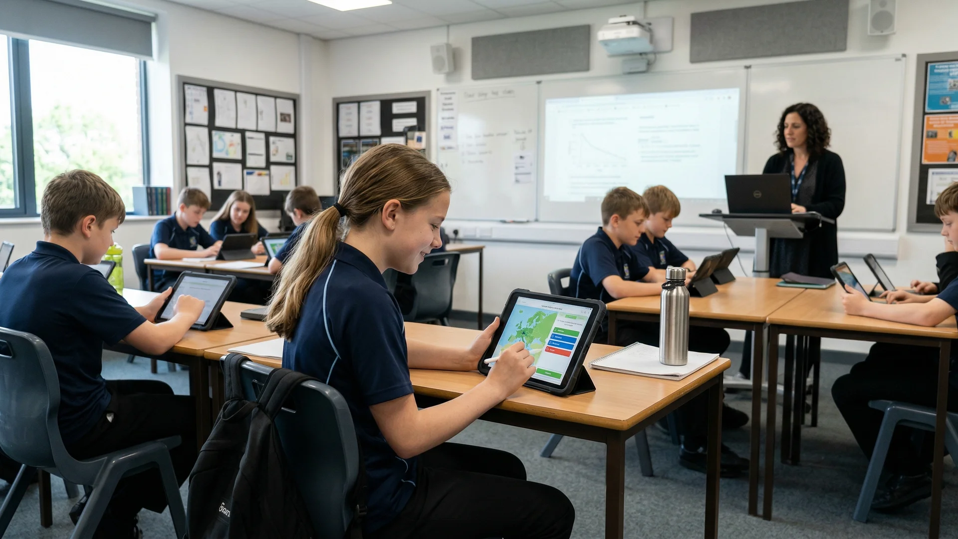 Students using educational technology purposefully in a modern UK classroom