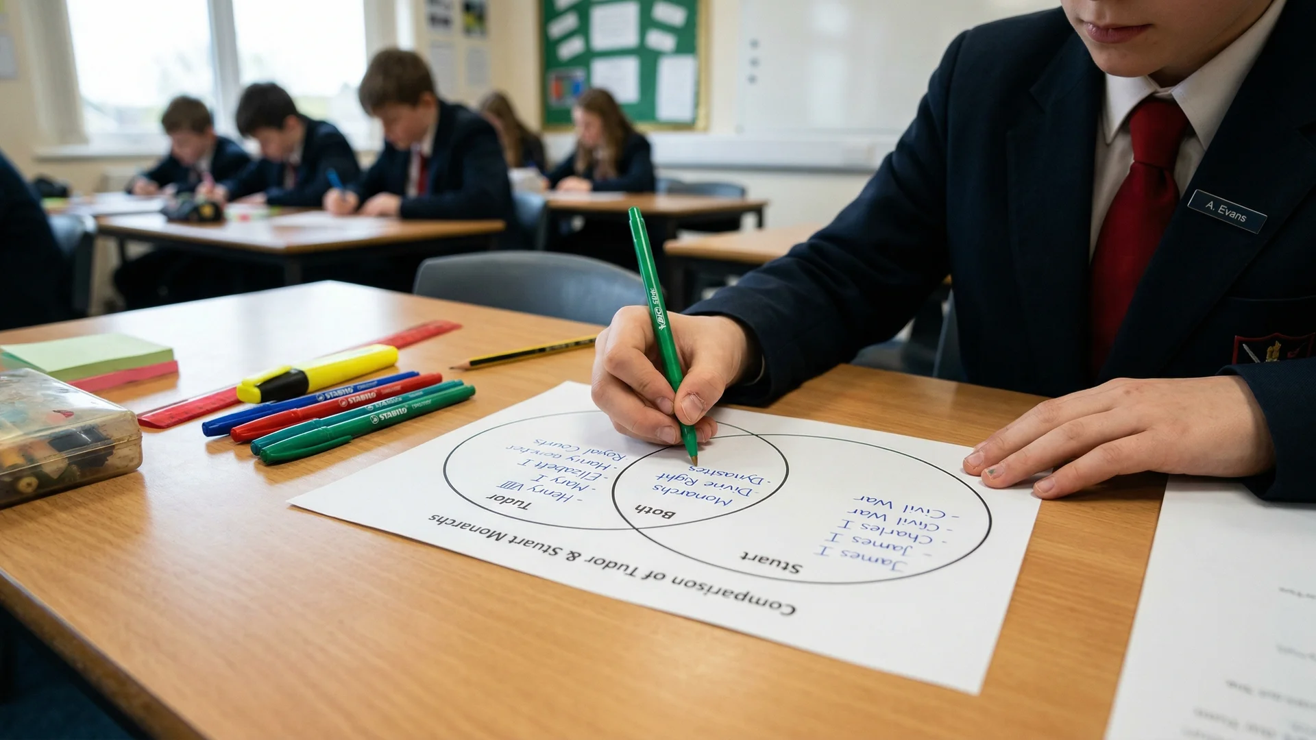 Student completing a graphic organiser as a learning tool in a UK classroom