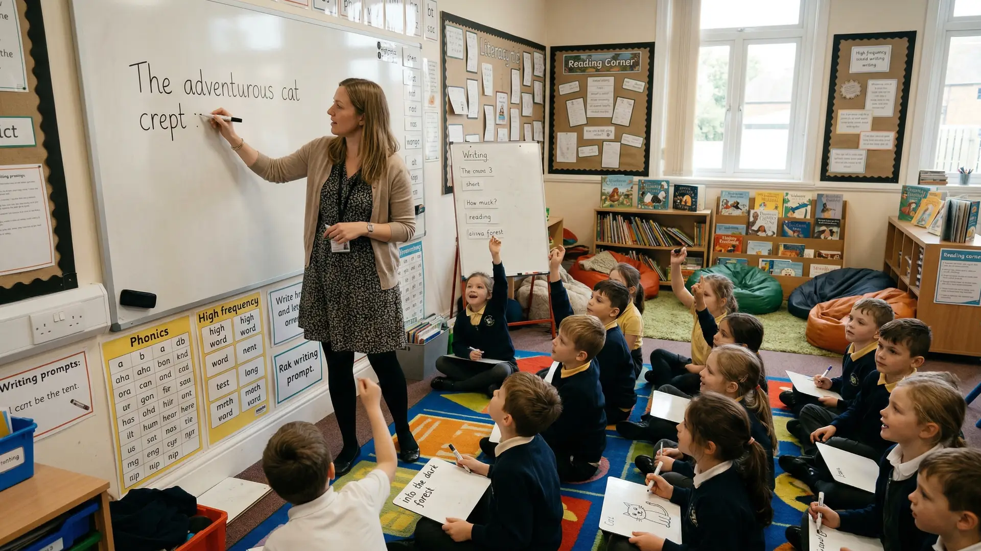 Teacher leading a shared writing session in a literacy-rich UK primary classroom