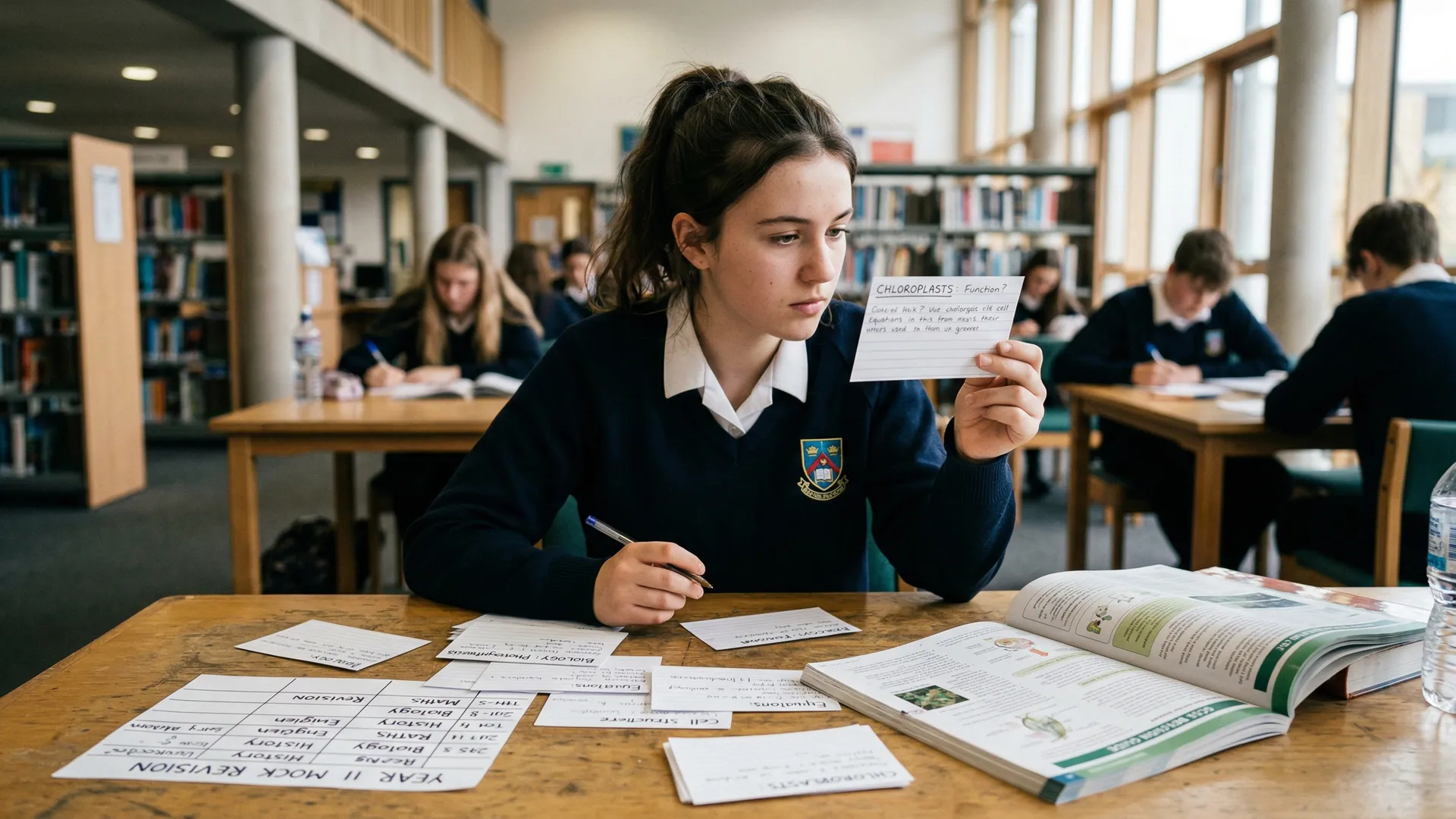 Student using retrieval practice flashcards during a revision session in a UK school library