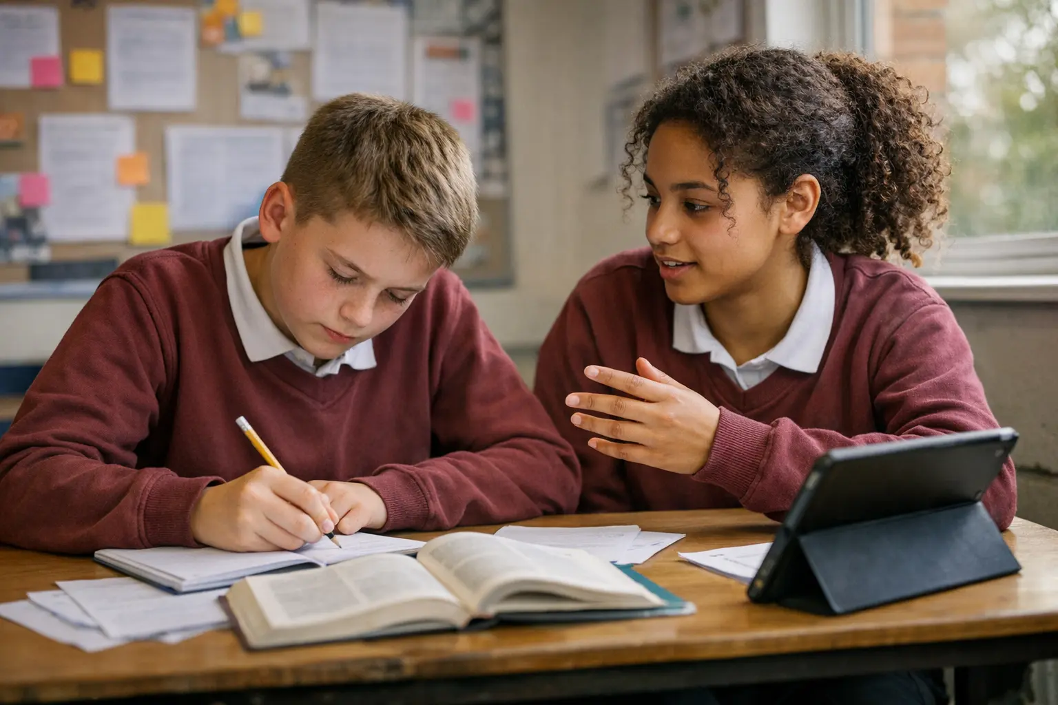 SENCO working with a neurodivergent learner using a tablet in a UK secondary classroom