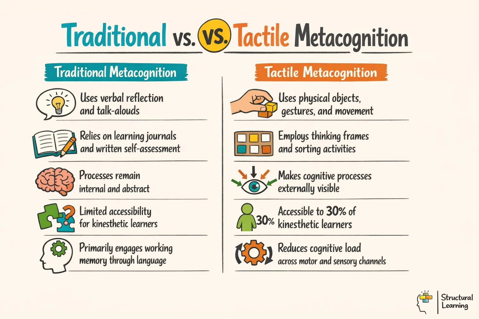Comparison infographic showing differences between traditional talk-based metacognition and tactile physical metacognition approaches