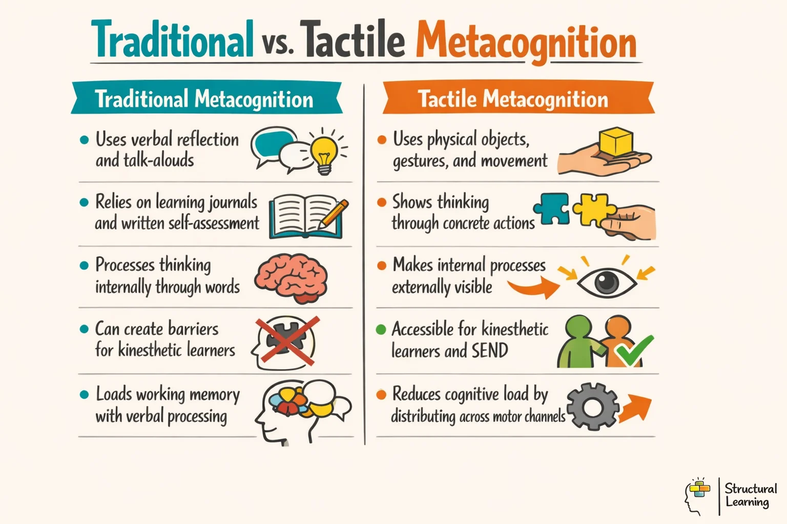 Comparison chart showing differences between traditional verbal metacognition and tactile physical metacognition approaches