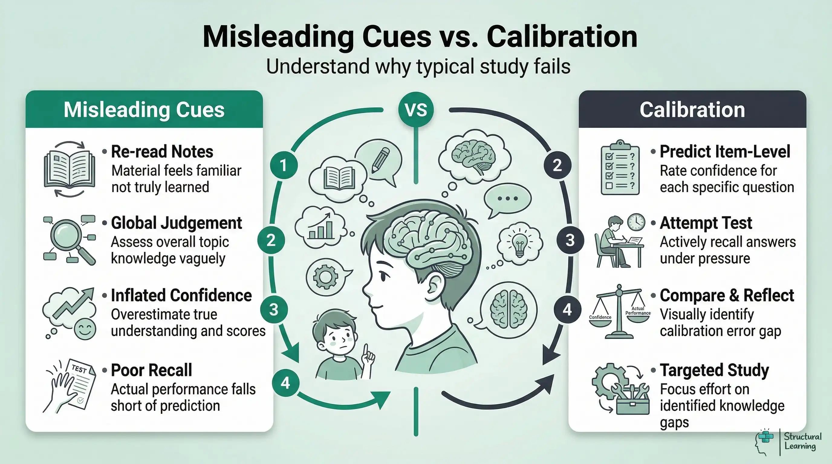 Compares traditional study methods that lead to overconfidence with effective calibration strategies using item-level prediction and feedback to improve accuracy.