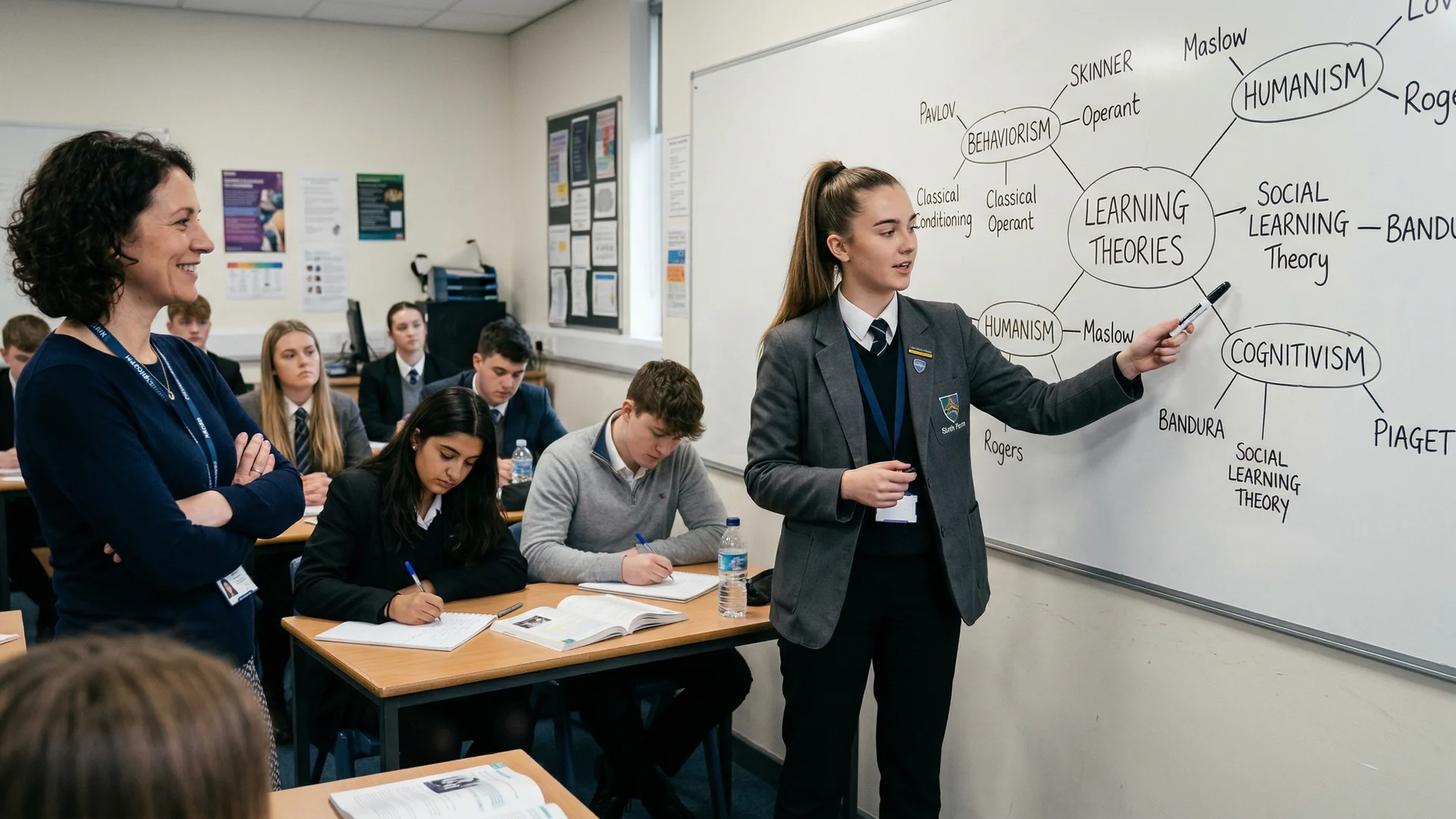 Sixth-form student presenting educational psychology concepts in a UK classroom