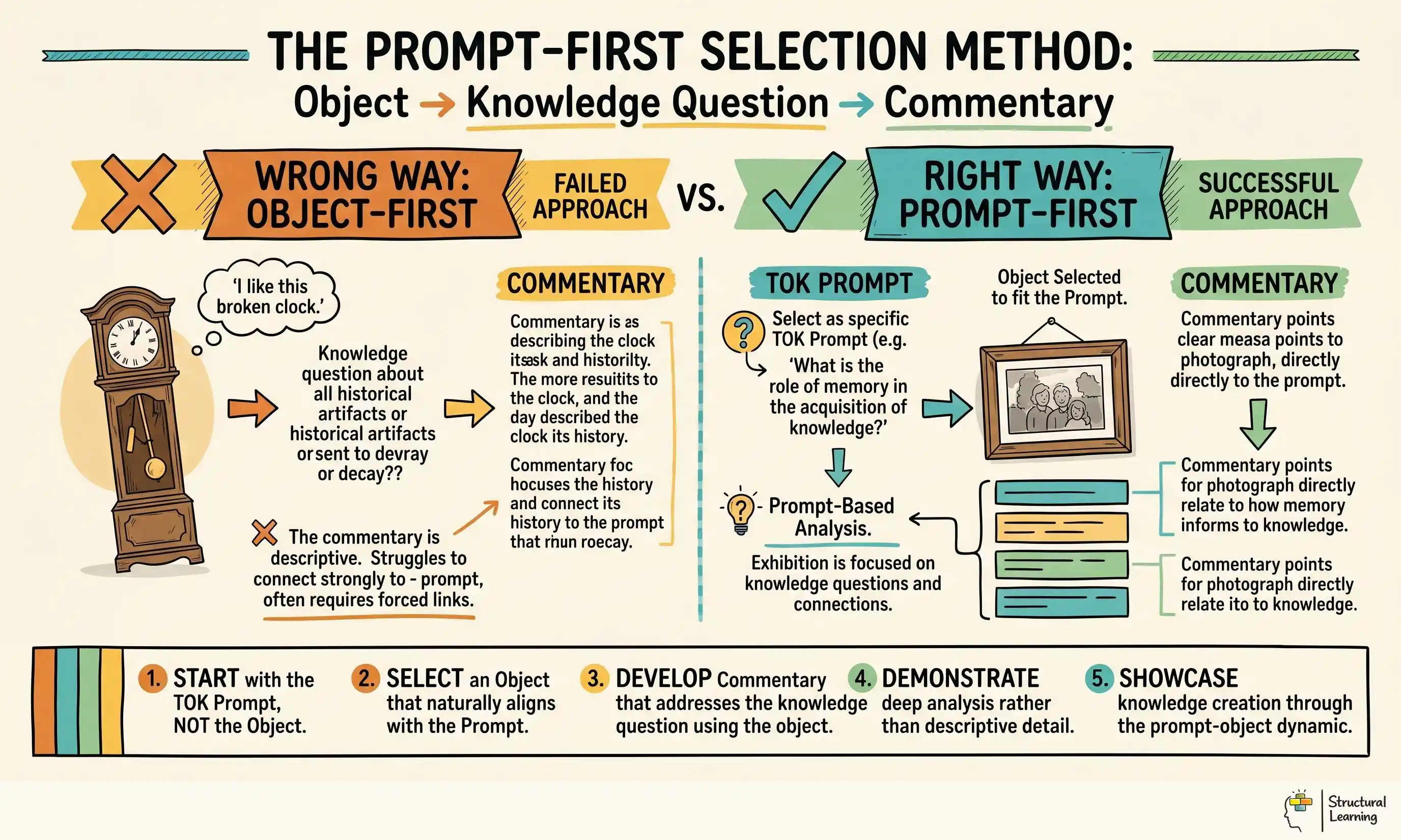The Prompt-First Selection Method: Object → Knowledge Question → Commentary infographic for teachers