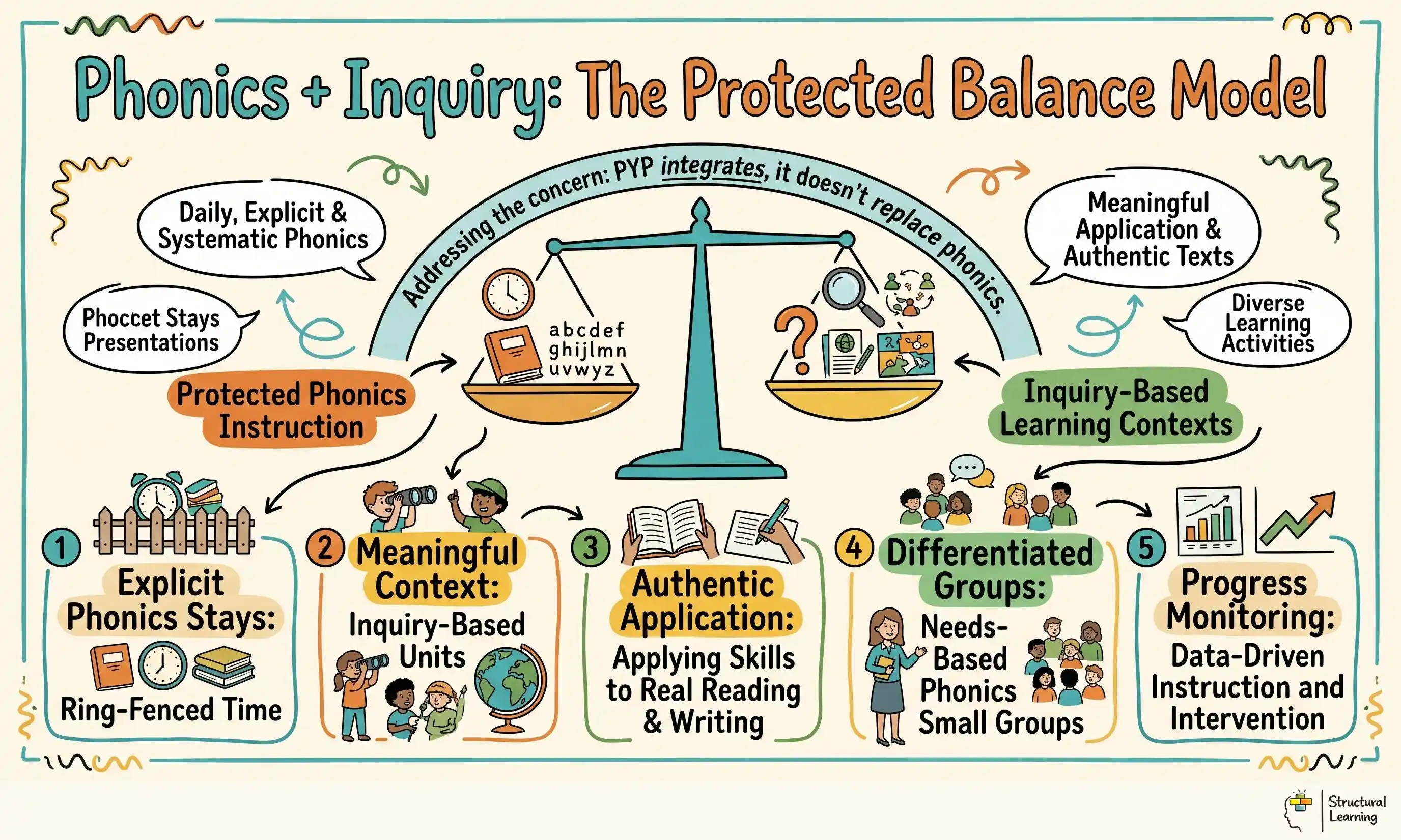 Phonics + Inquiry: The Protected Balance Model infographic for teachers