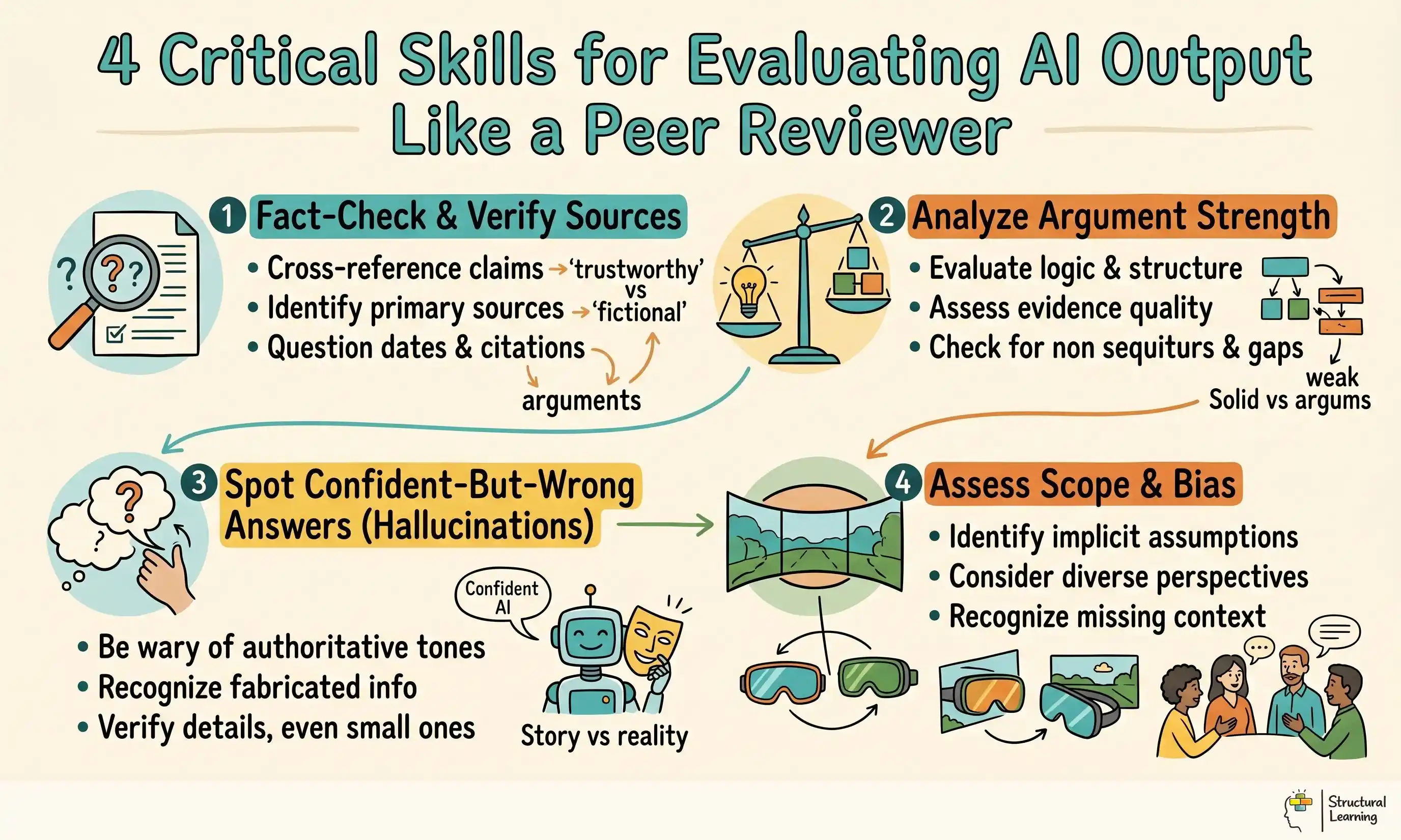 4 Critical Skills for Evaluating AI Output Like a Peer Reviewer infographic for teachers