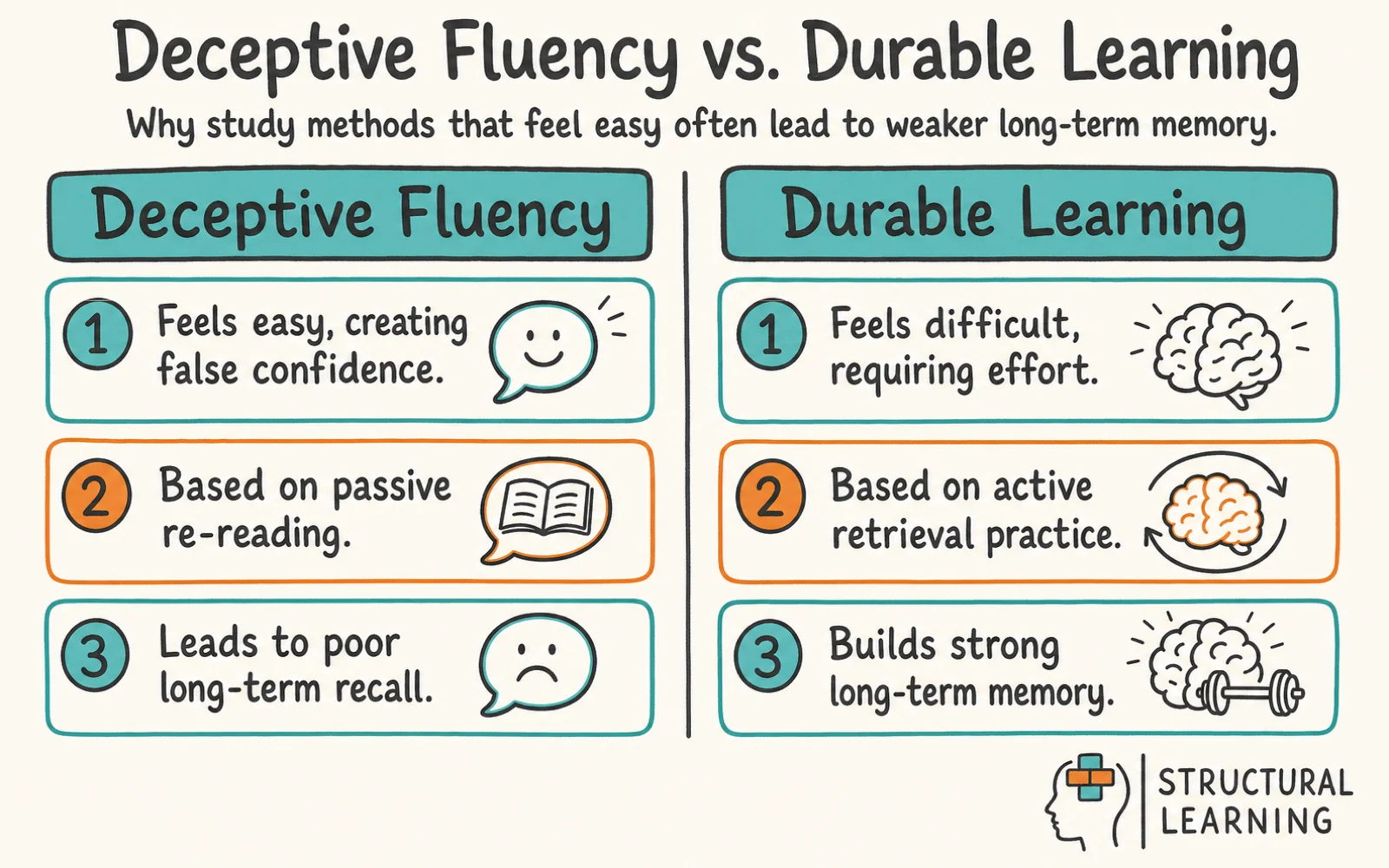 Fluency Illusions: Why Students Think They Know More infographic comparing Fluency Illusion, Metacognition, and Retrieval Practice for teachers