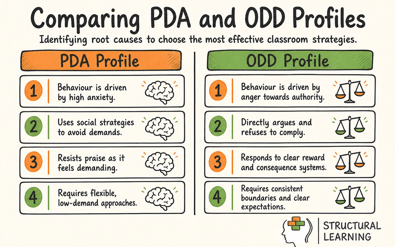PDA in Schools infographic comparing Pathological Demand Avoidance, Oppositional Defiant Disorder, and Anxiety for teachers