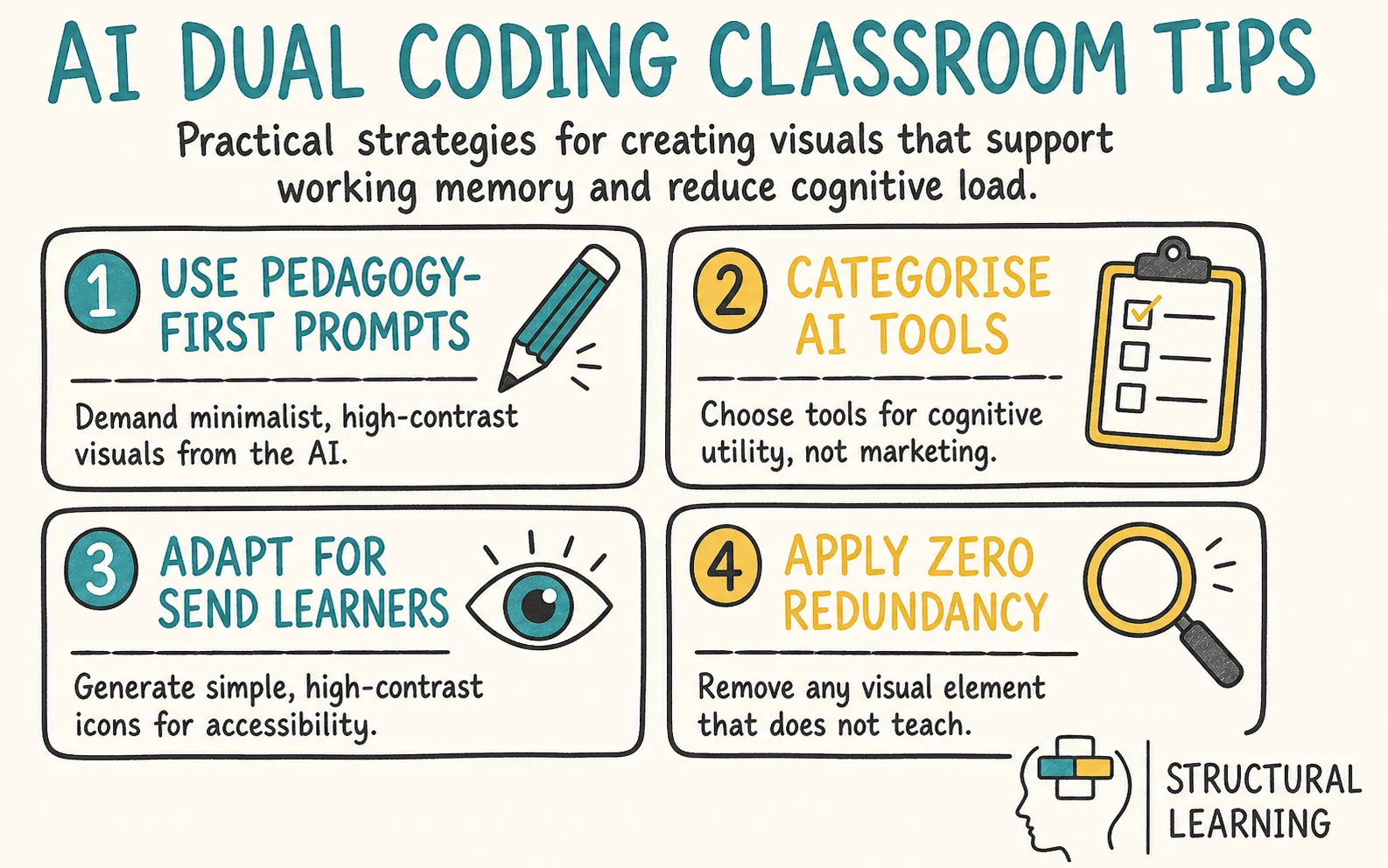 AI Dual Coding: Generating Visual Learning Resources That Reduce Cognitive Load infographic showing strategies for Dual Coding, Cognitive Load, and Zero