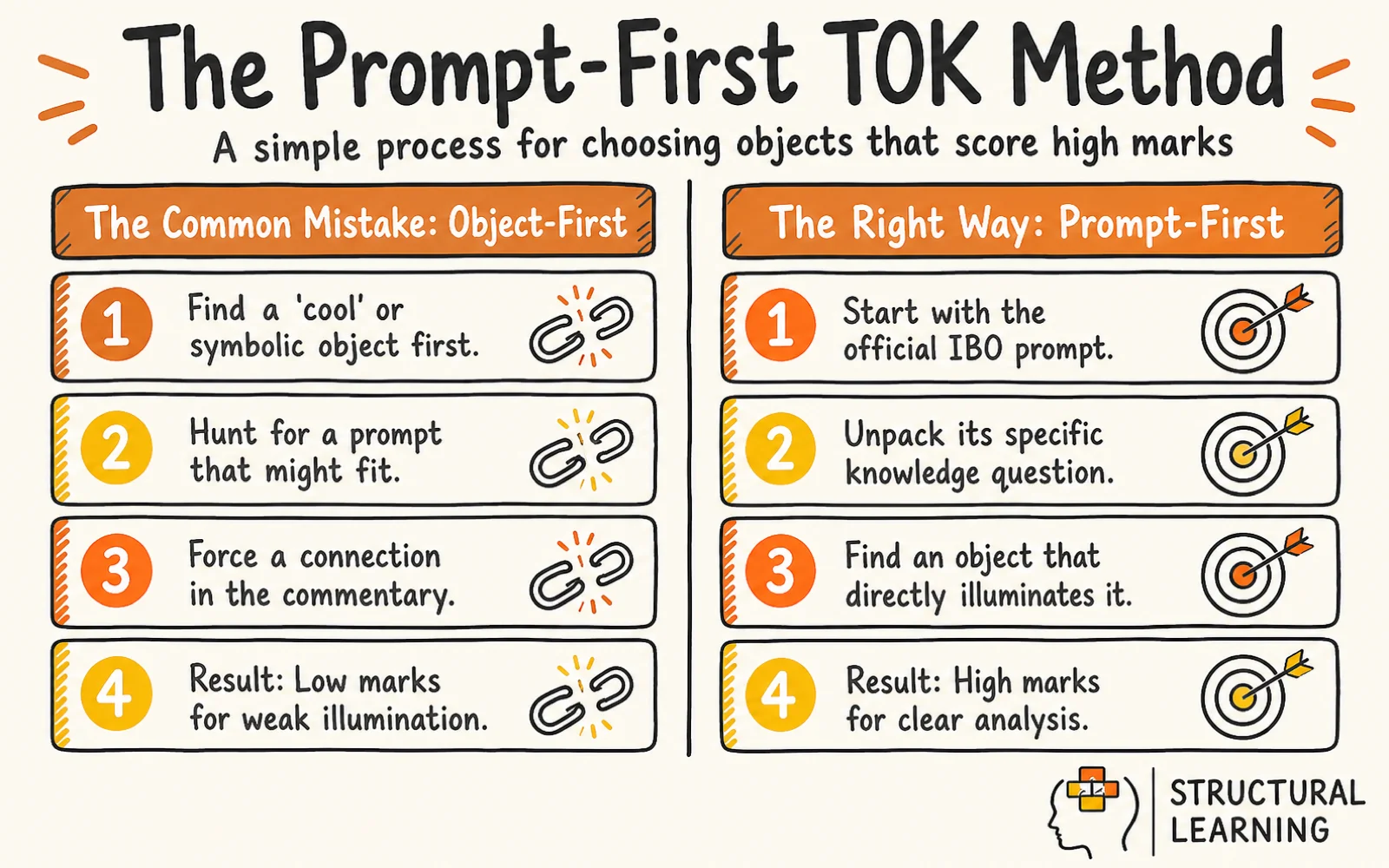 TOK Exhibition: How to Choose Objects & Write Commentary That Actually Scores infographic comparing TOK Exhibition, Prompt-First Method, and Knowledge