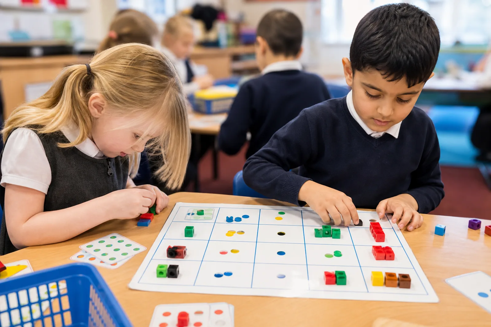 Primary learners use manipulatives to plan and check their thinking during a task.