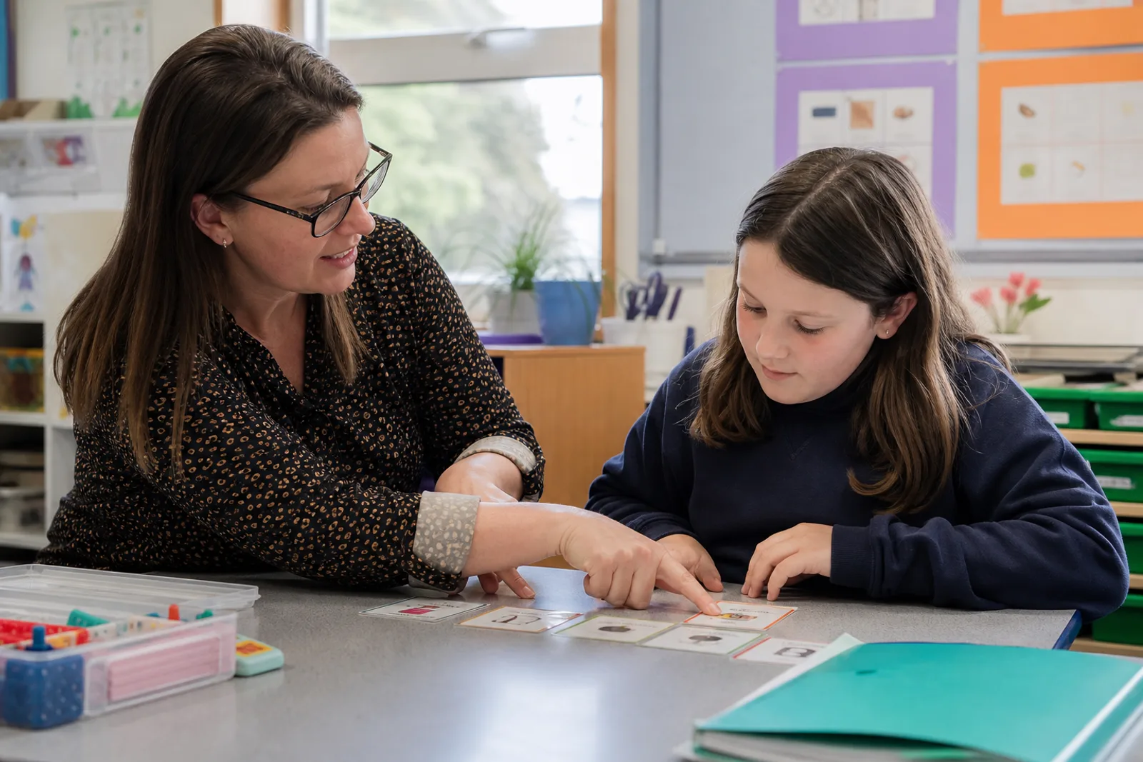 A teacher helps a learner choose a manageable first step before starting a task.
