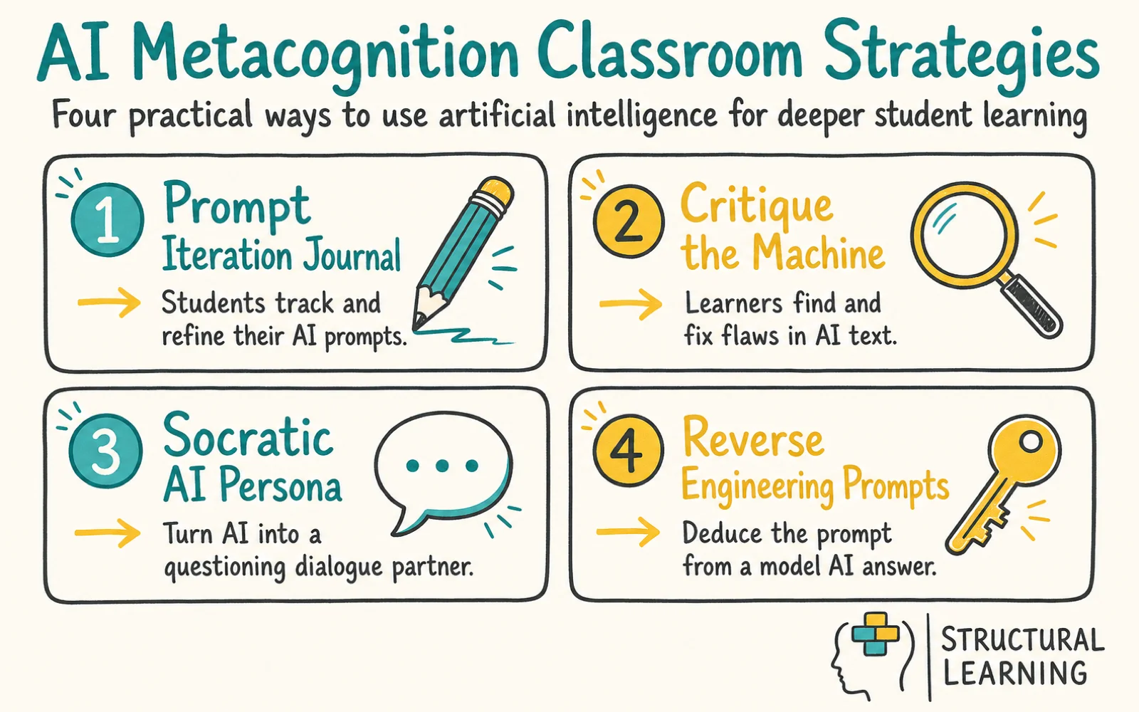 AI Metacognition: What Teachers Need to Know infographic showing strategies for metacognition, prompt engineering, and cognitive offloading for teachers