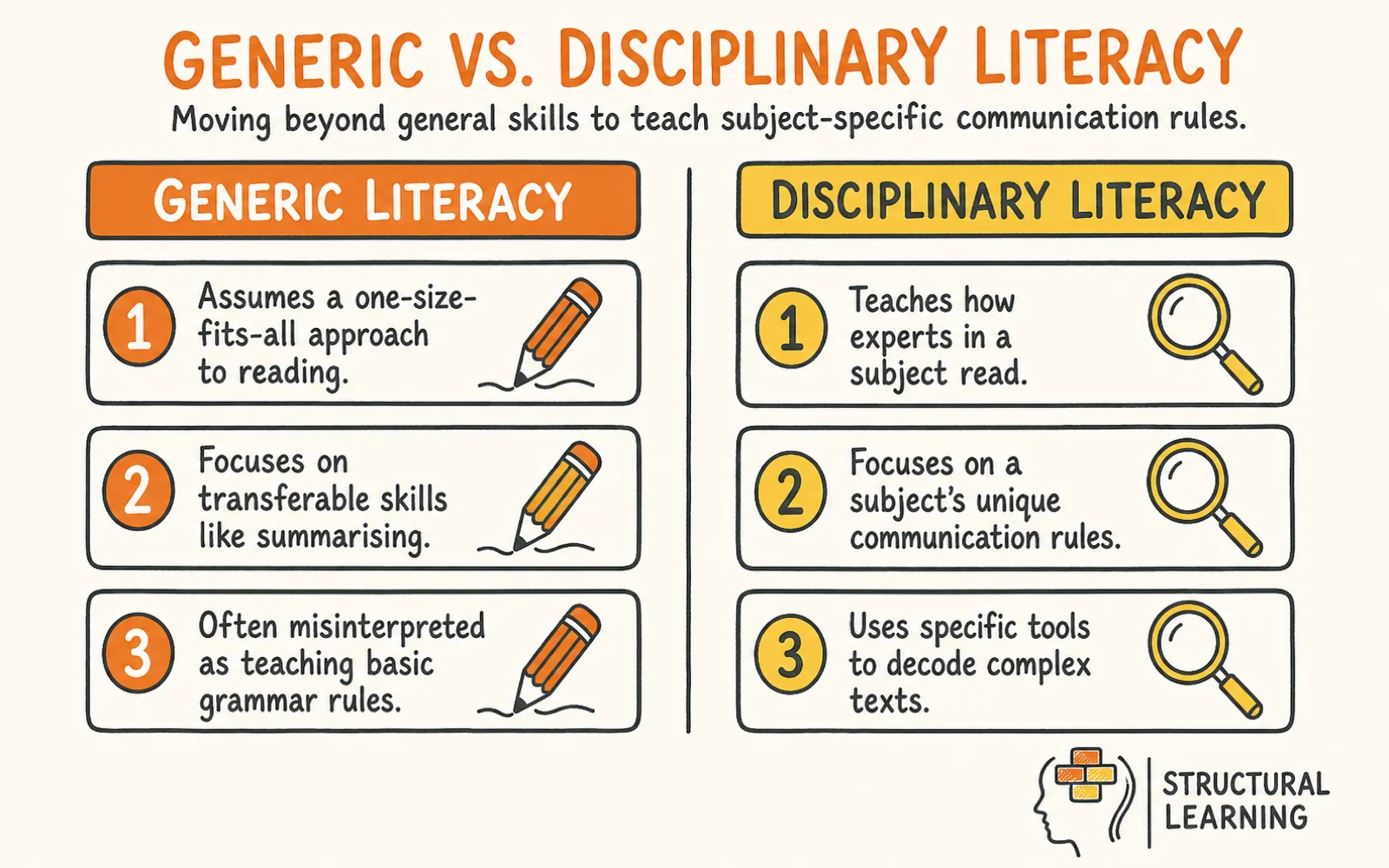 Disciplinary Literacy Across Curriculum: Guide for Secondary Teachers infographic explaining what it is and the key characteristics for secondary school