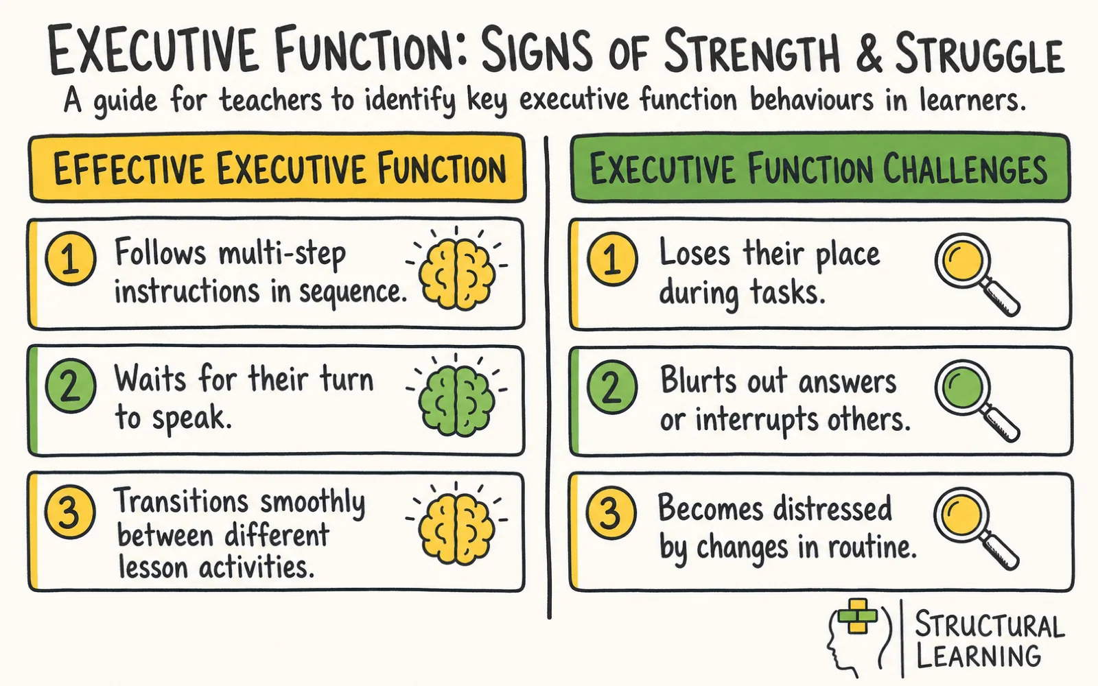 Executive Function in the Classroom: 11-Domain Audit infographic comparing Executive Function, Working Memory, and Inhibition for teachers