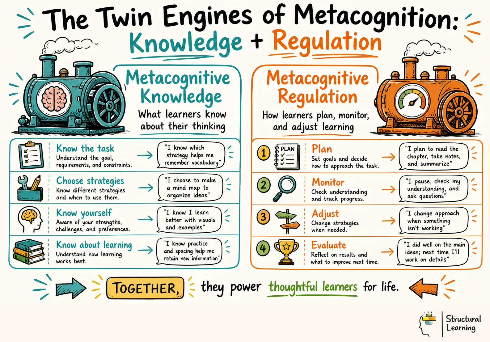 The Twin Engines of Metacognition: Knowledge + Regulation infographic for teachers