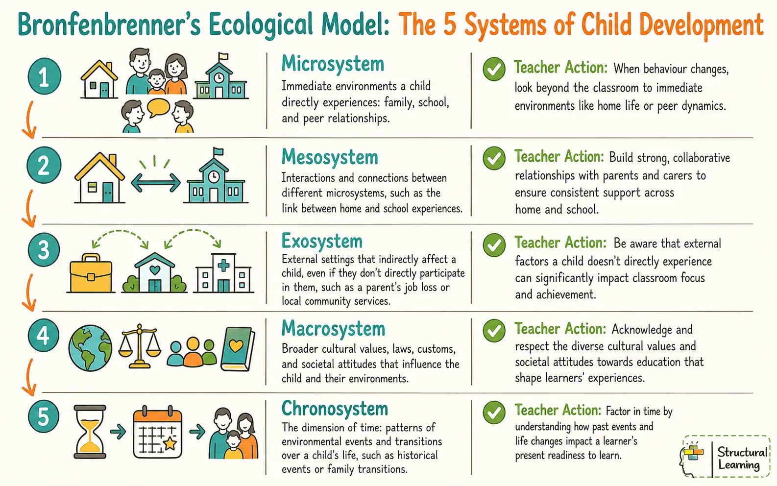 Infographic illustrating Bronfenbrenner's Ecological Model with its five interconnected systems: Microsystem, Mesosystem, Exosystem, Macrosystem, and Chronosystem, explaining their impact on child development and providing teacher actions for each.