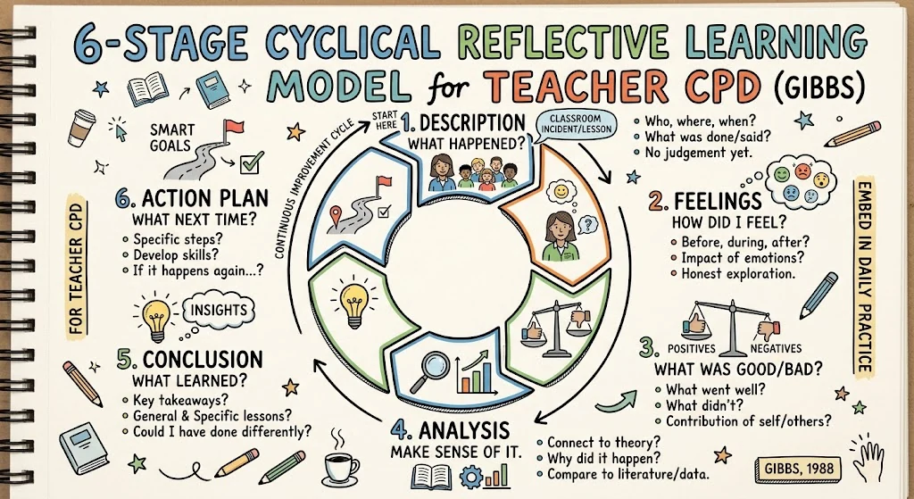 Gibbs' Reflective Cycle: 6 Stages Explained with Examples — visual explainer sketchnote