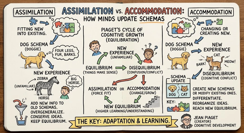 Assimilation vs Accommodation: Piaget — visual explainer sketchnote